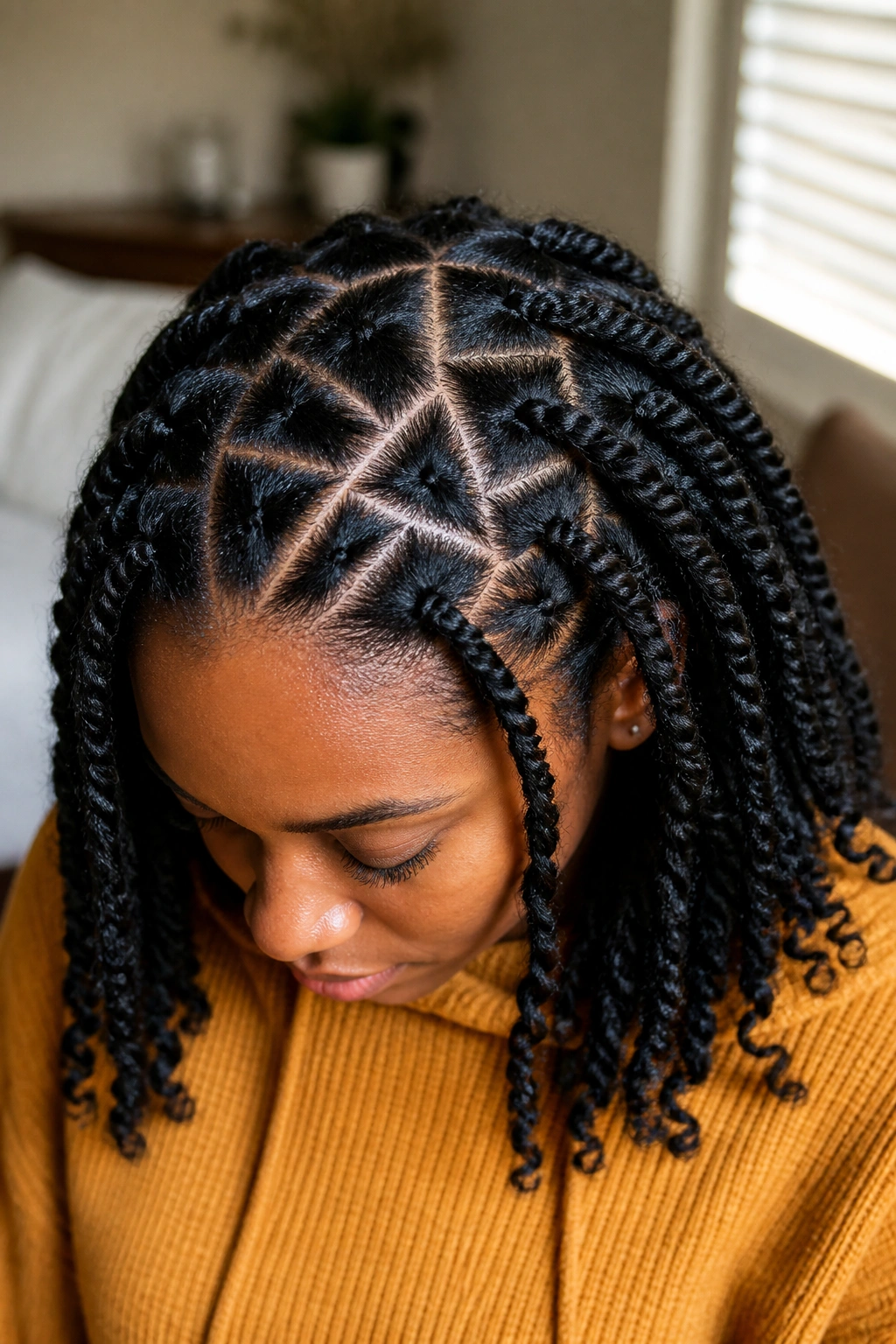 Close-up of triangle-parted Afro twists on a real person
