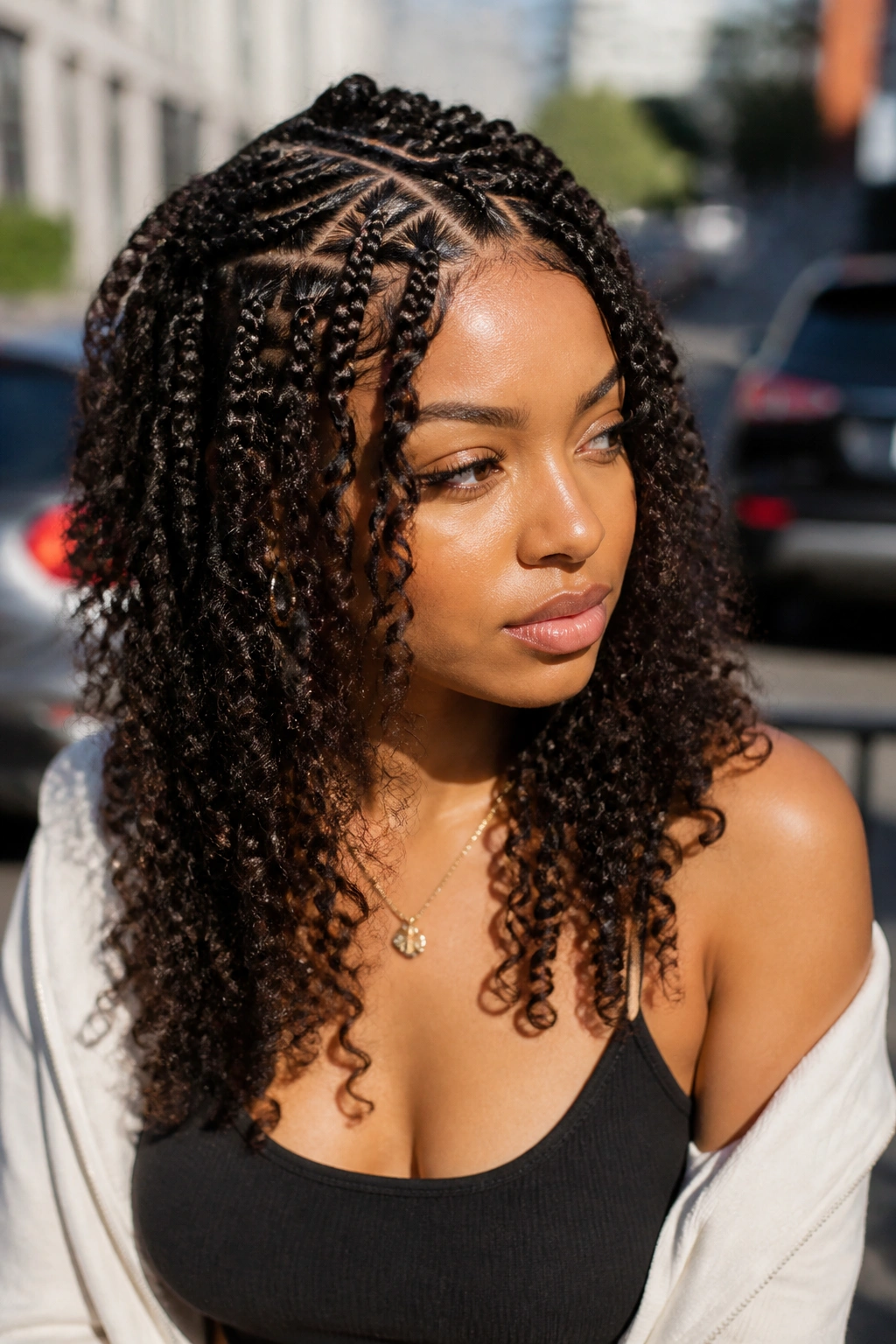 Portrait of a person with triangle-parted boho braids in natural light.