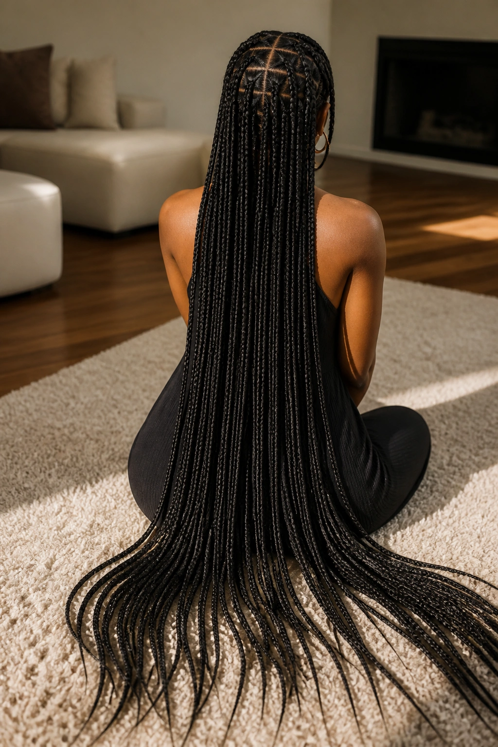 Back-view of a real person with triangle-parted floor-length braids sweeping the floor
