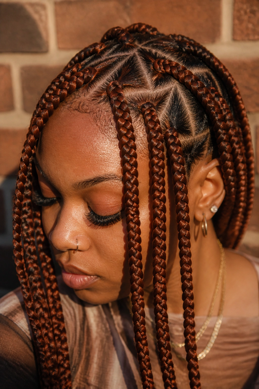 Close-up of copper triangle-parted braids on a real person