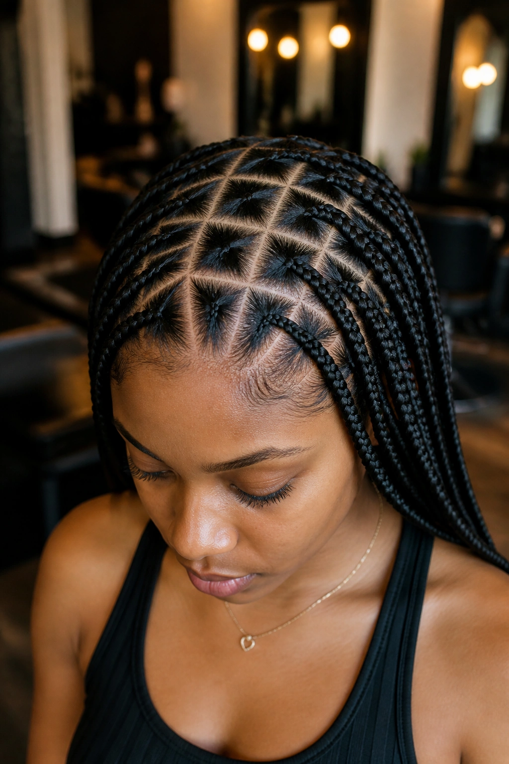 Close-up of triangle-to-square transition pattern on a real person's scalp