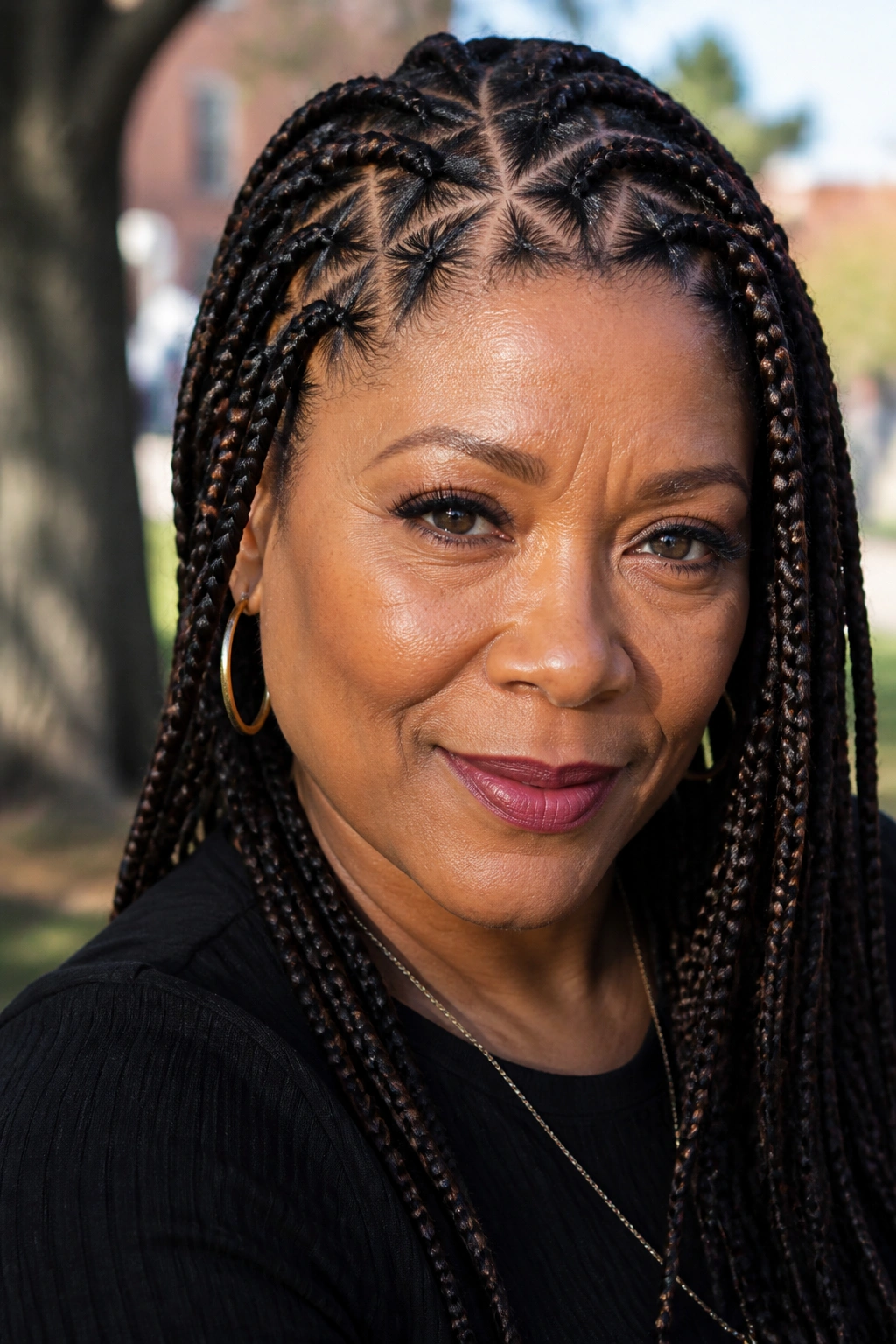 Woman with triangular-part box braids in an urban setting