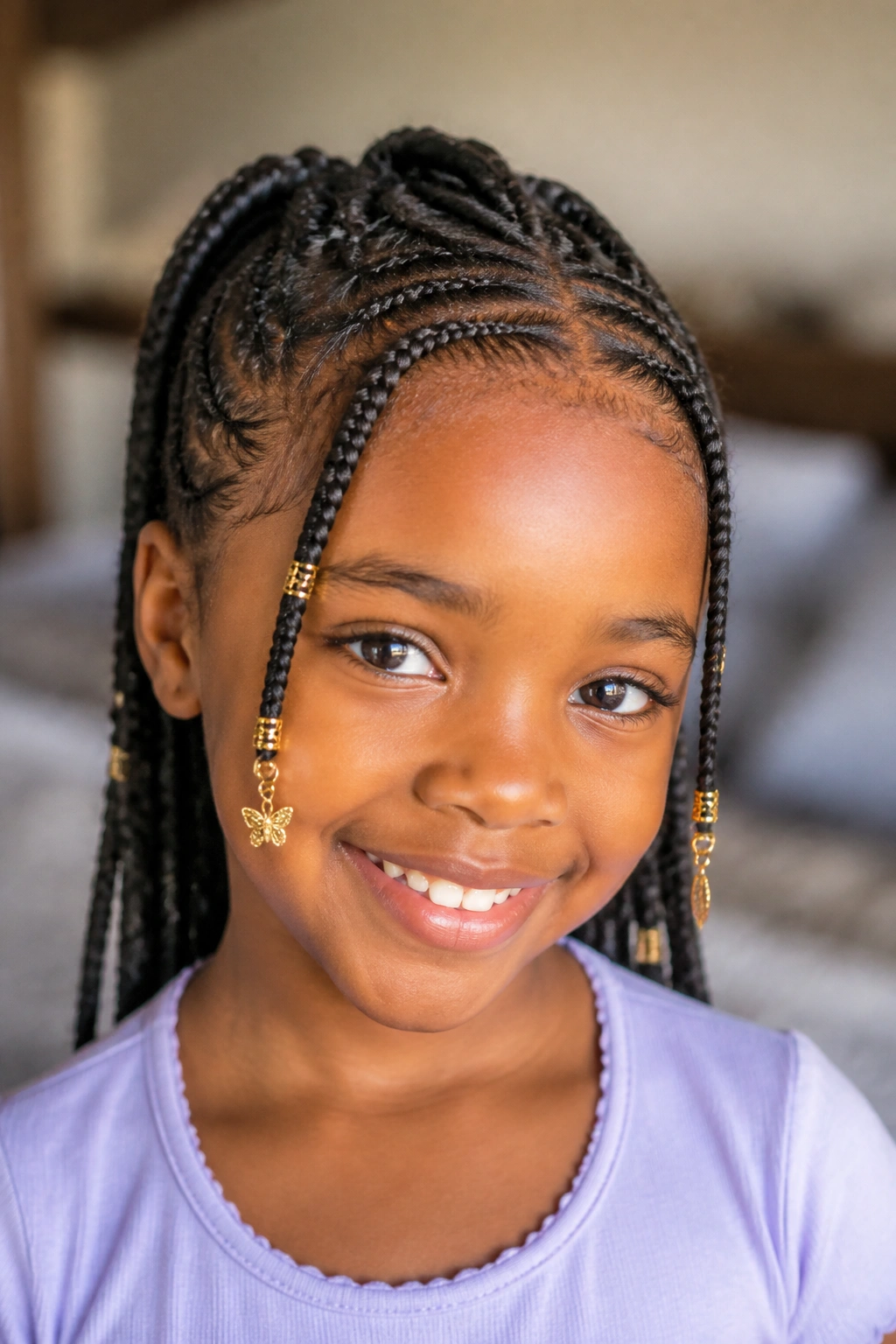 Child with tribal braids and face-framing charms in warm indoor light