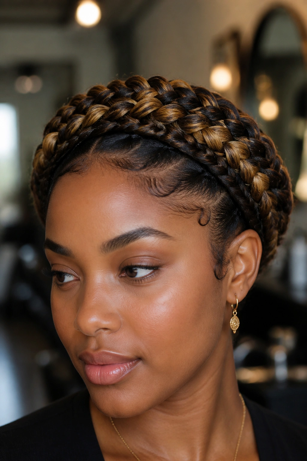 Close-up of a real person with a triple-braid crown around the head.
