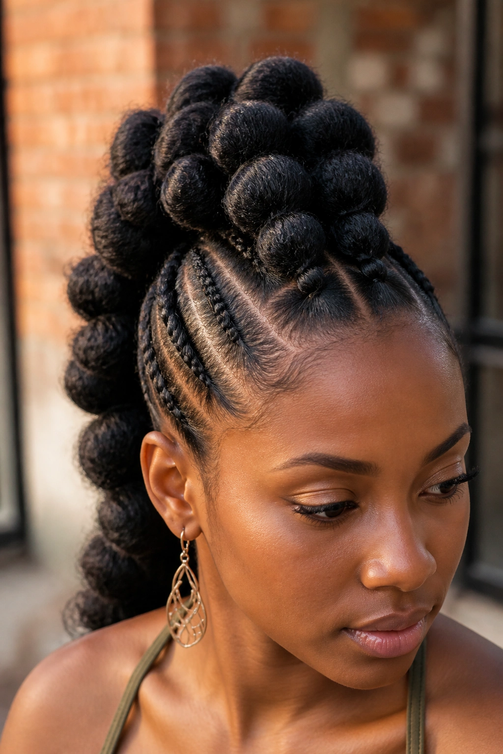 Front close-up of real person with triple-row bubble mohawk hairstyle