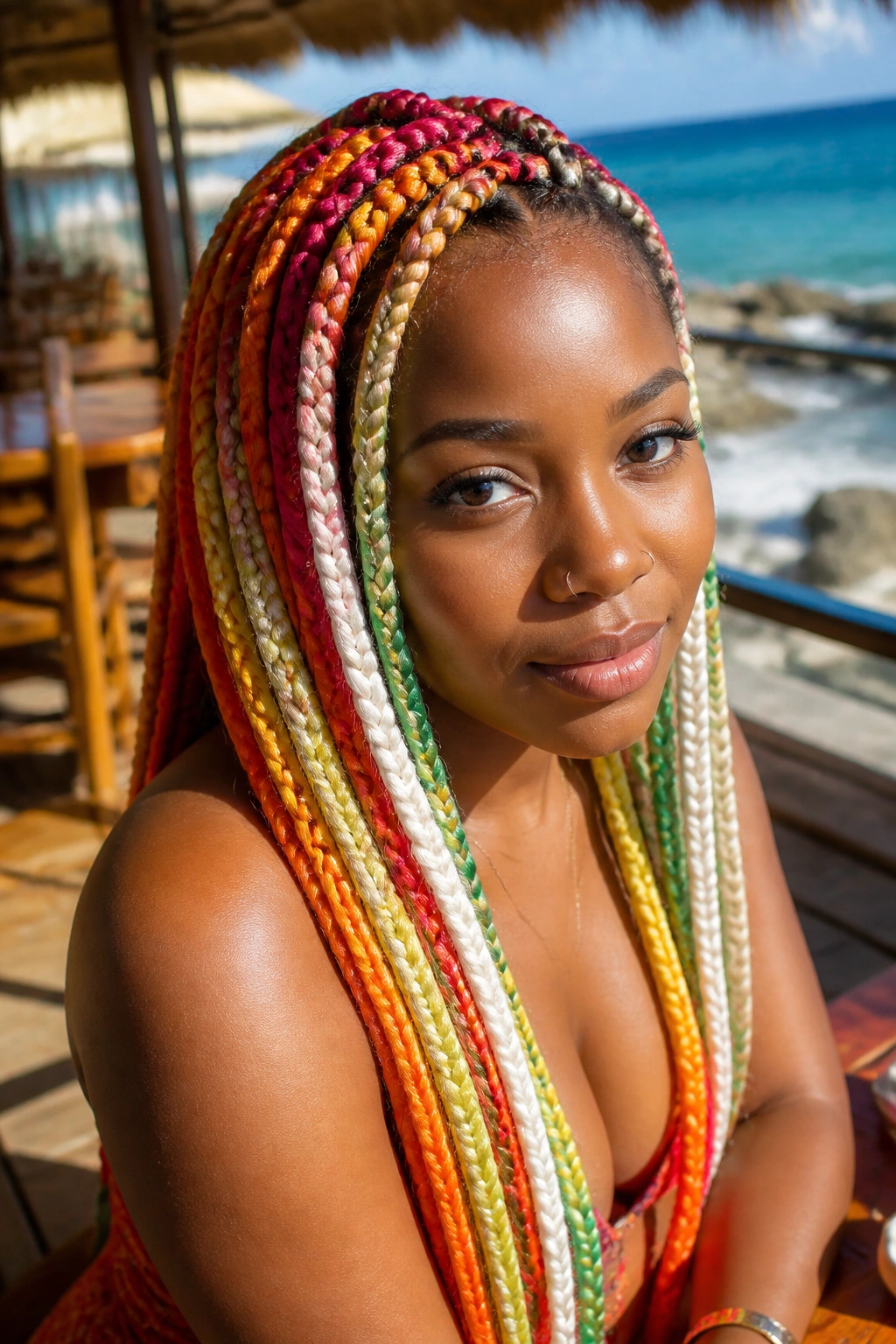 Close-up of warm-toned rainbow box braids with white accents on a real woman outdoors.