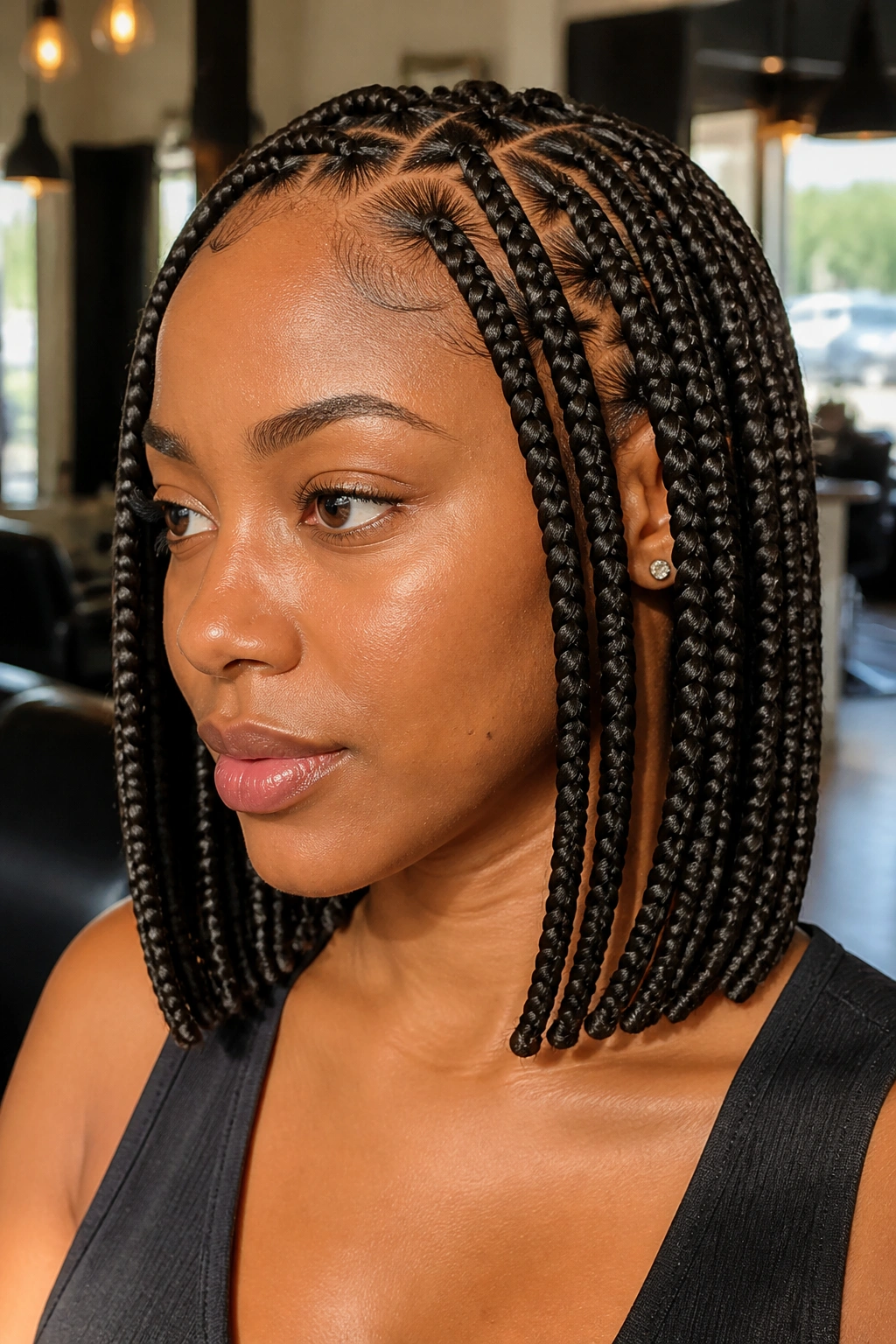 Close-up of a real woman with tucked knotless braids and blunt ends in a sunlit salon.