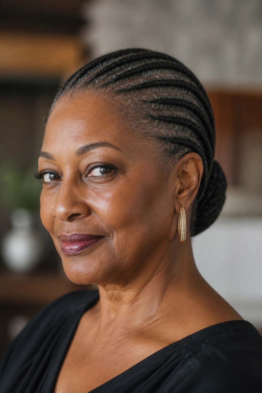Real woman with tucked-in cornrow updo in an indoor setting