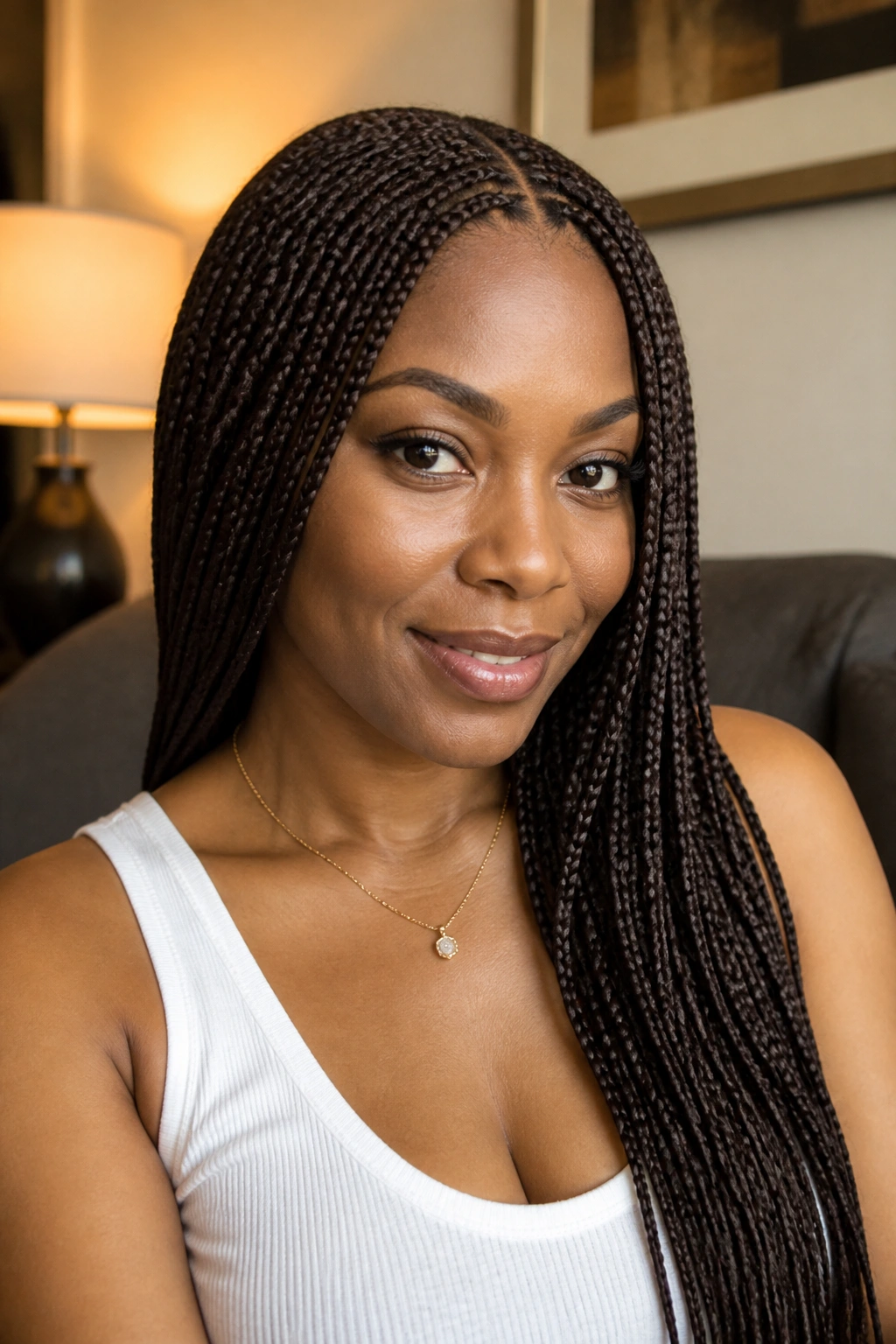 Close-up portrait of a real woman with tucked-in micro braids fully enclosing natural hair