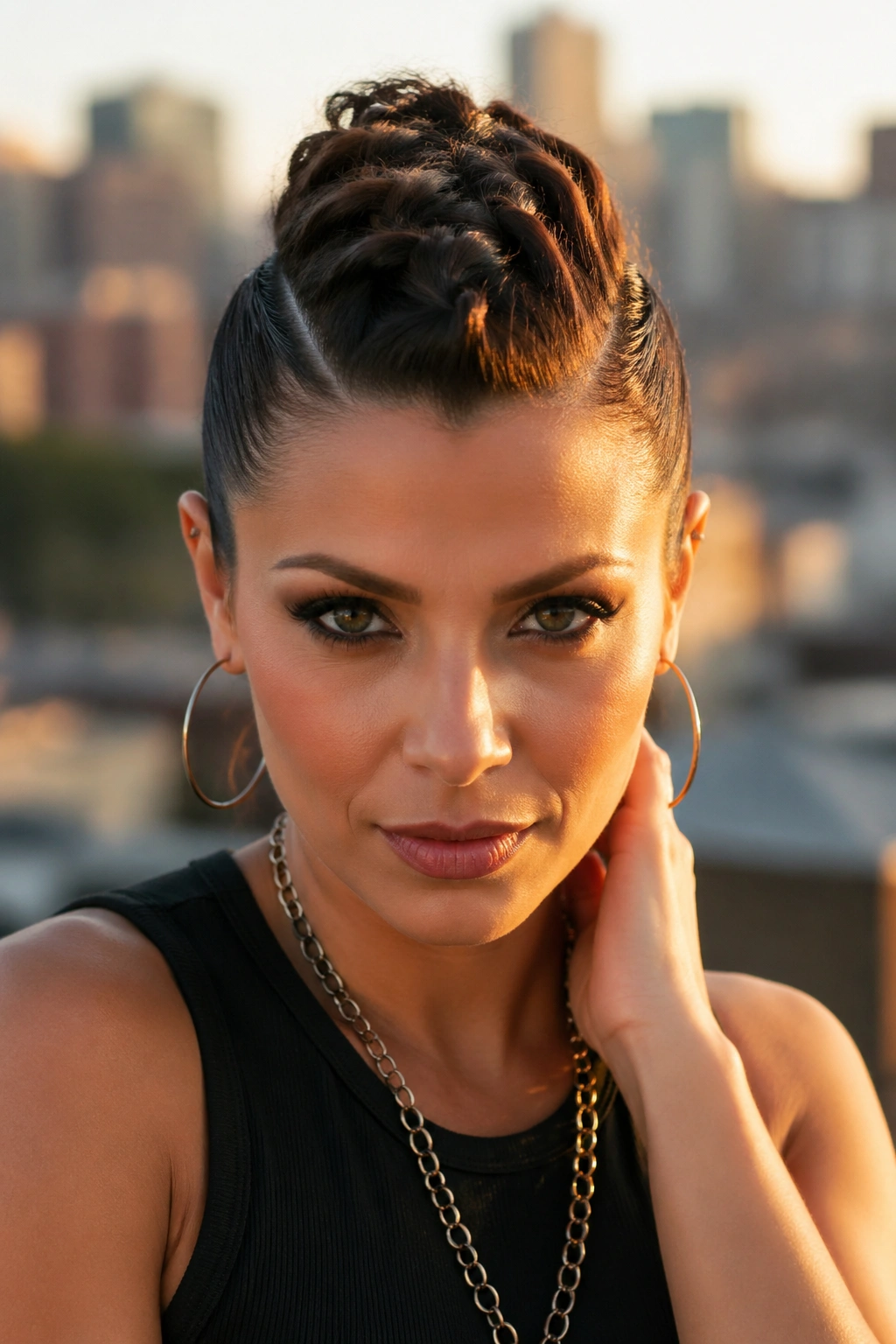 Close-up of real woman with a twisted Mohawk for medium-length hair.