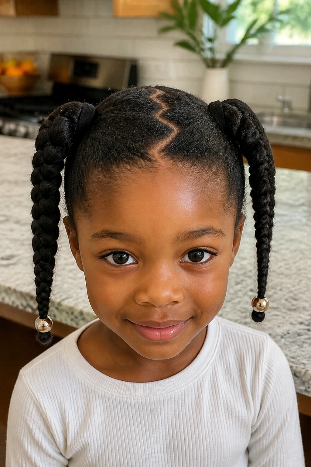 Real child with two pigtail braids and zig-zag parting