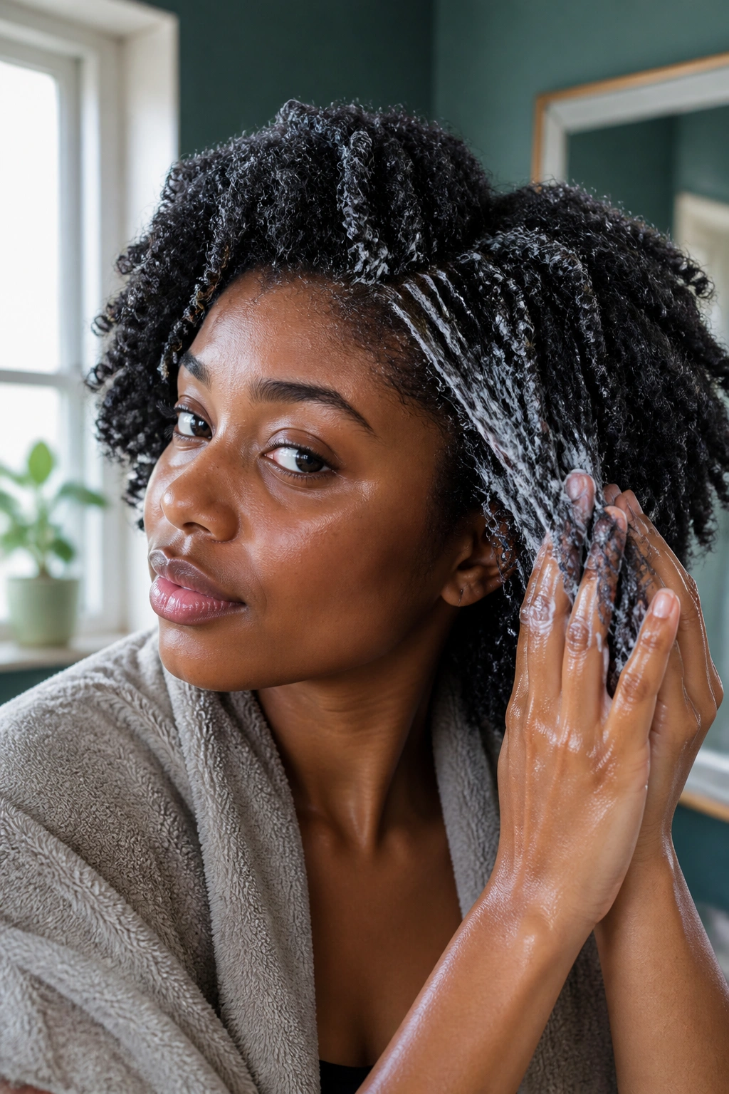 Real person prepping Type 4 hair with moisture routine in bathroom