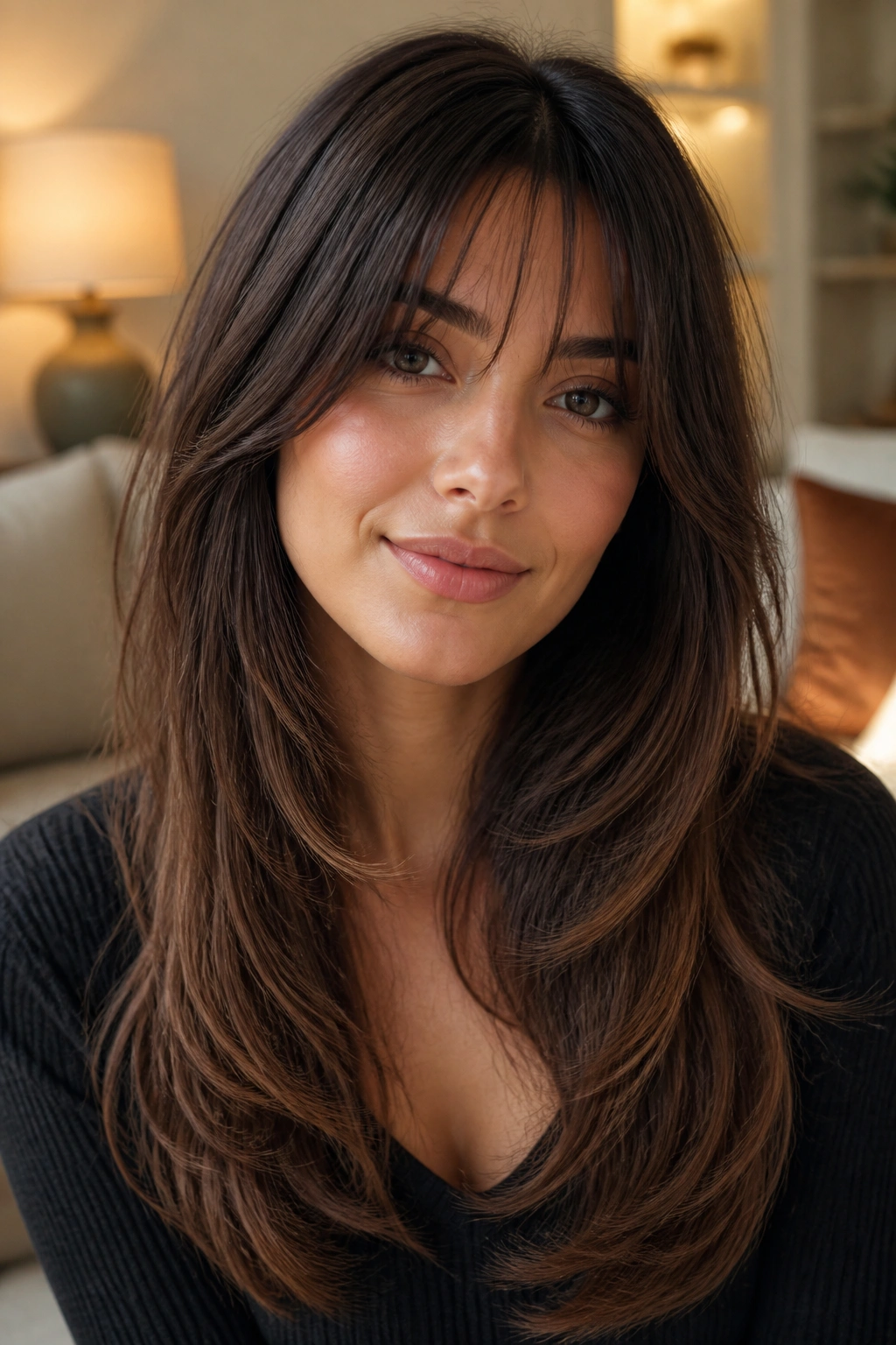 Close-up of a real woman with U-shaped length and wispy bangs in a warm living room