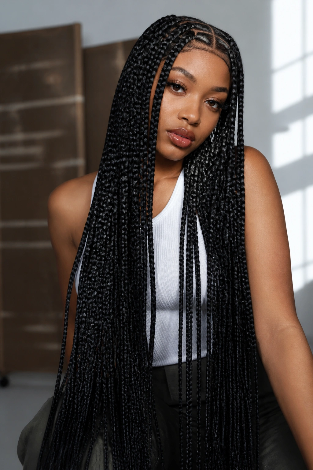 Close-up of ultra-long floor-length square braids on a real woman