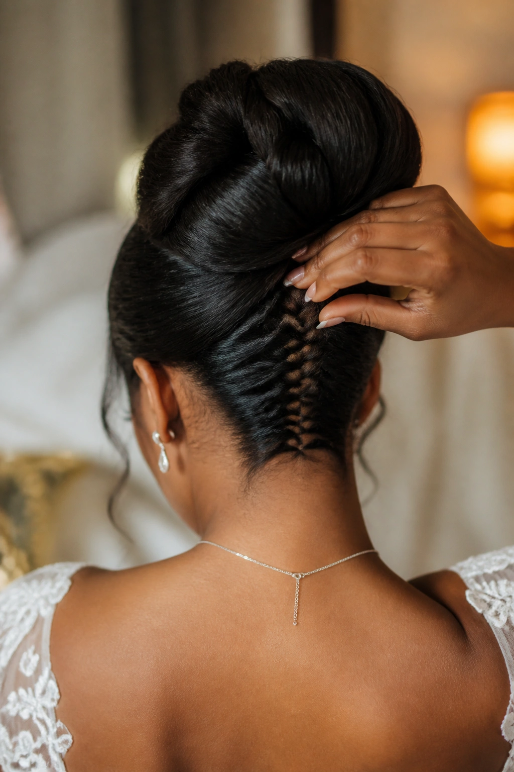 Hidden fishtail braid under bun seen from back