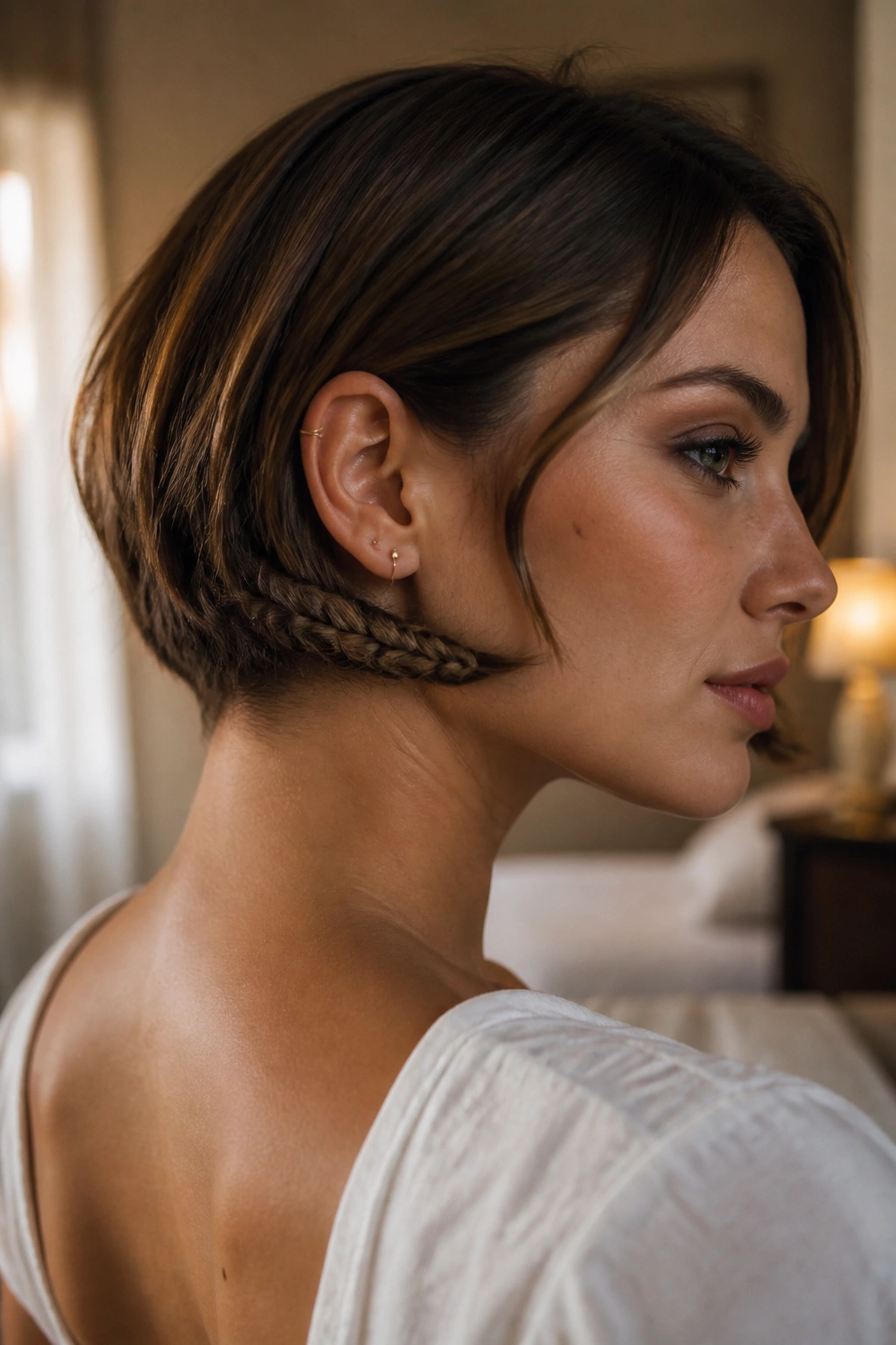Close-up of a real woman with a subtle lace braid under the ear along the bob