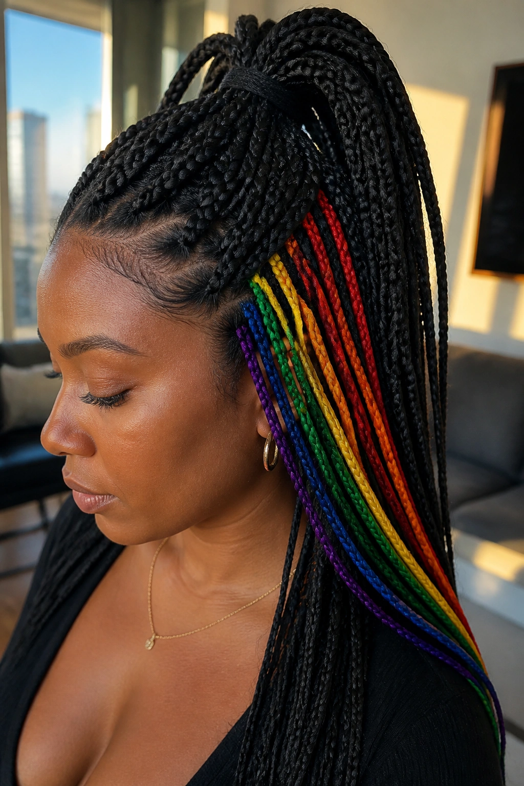Close-up of a real woman's hair showing hidden rainbow under-layer peeking through a half-up ponytail.
