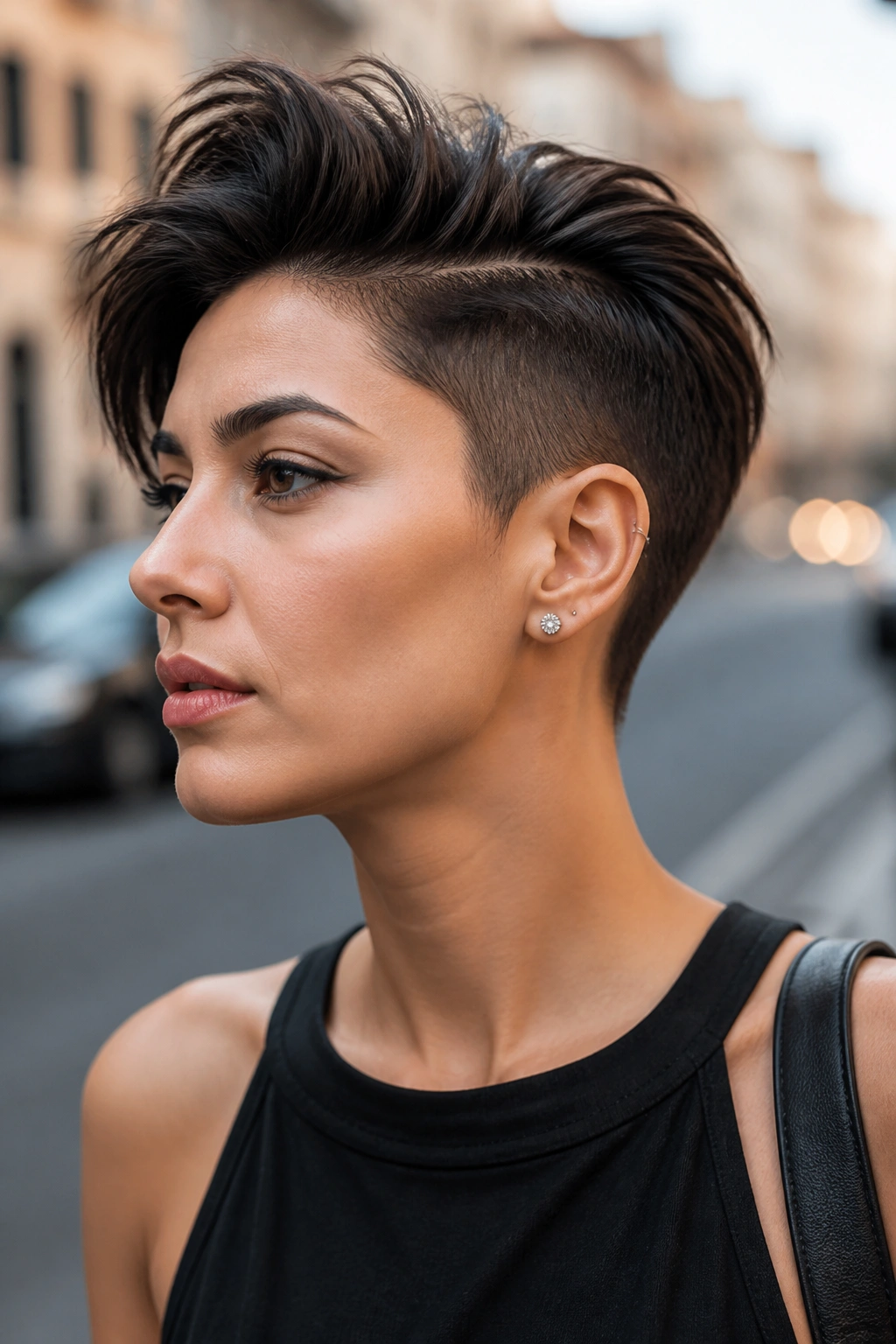 Close-up portrait of a real person with a disconnected undercut pixie