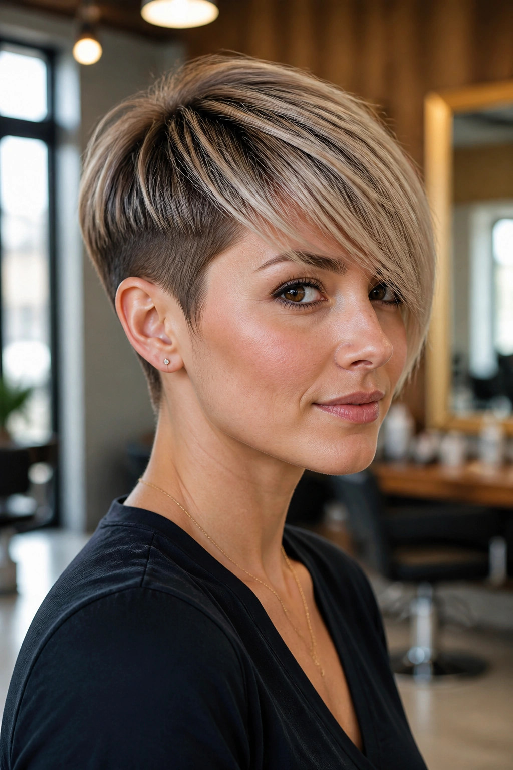 Close-up portrait of a real woman with an undercut pixie and long fringe, salon lighting