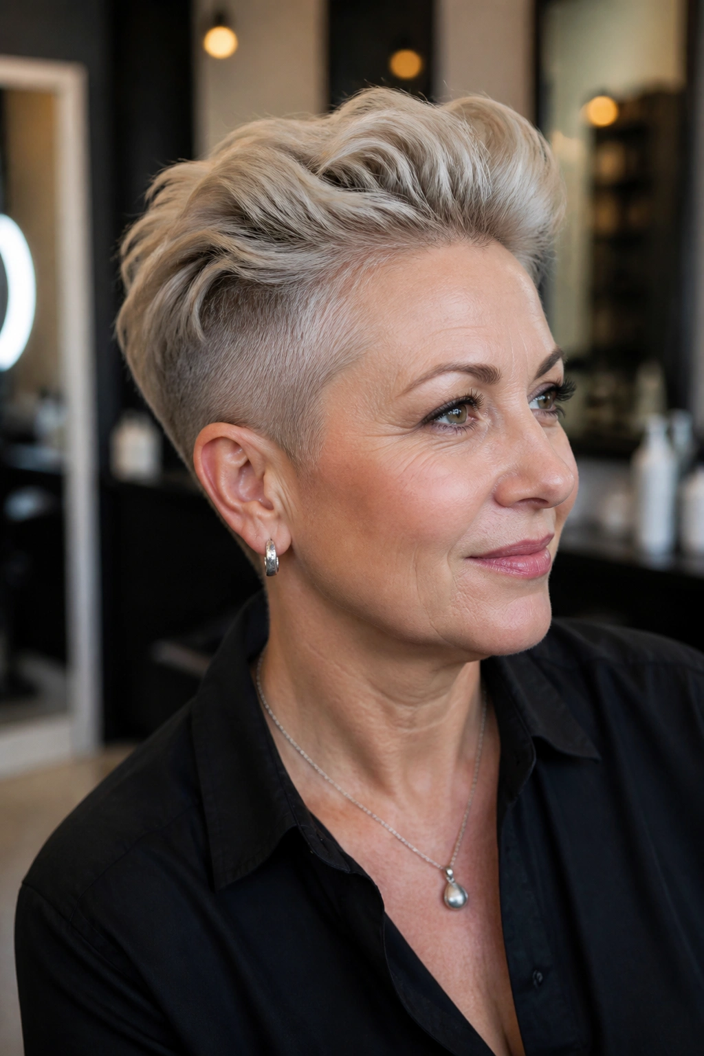 Close-up of a real person with undercut pixie and longer top under salon lighting.