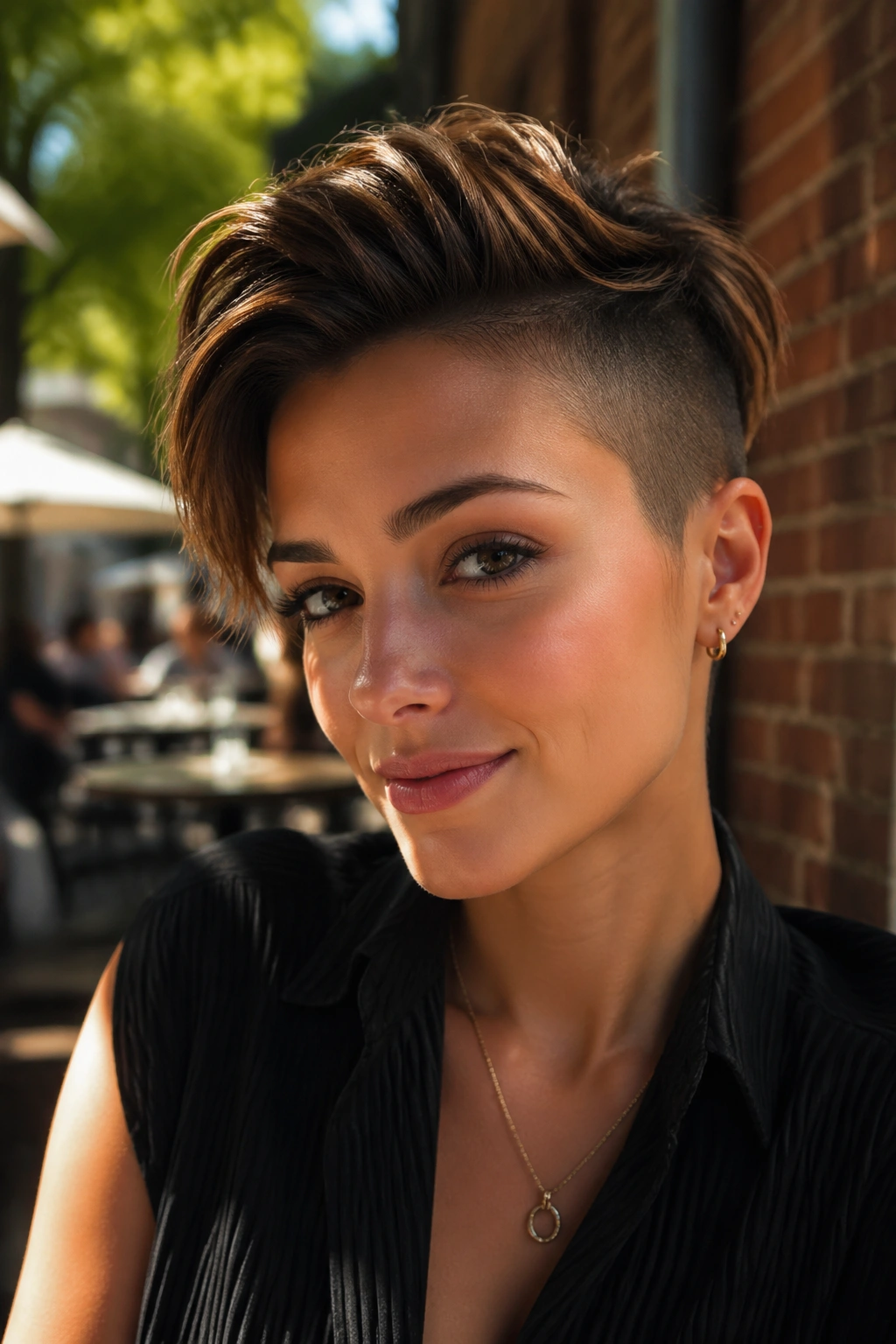 Close-up portrait of a person with an undercut pixie hairstyle