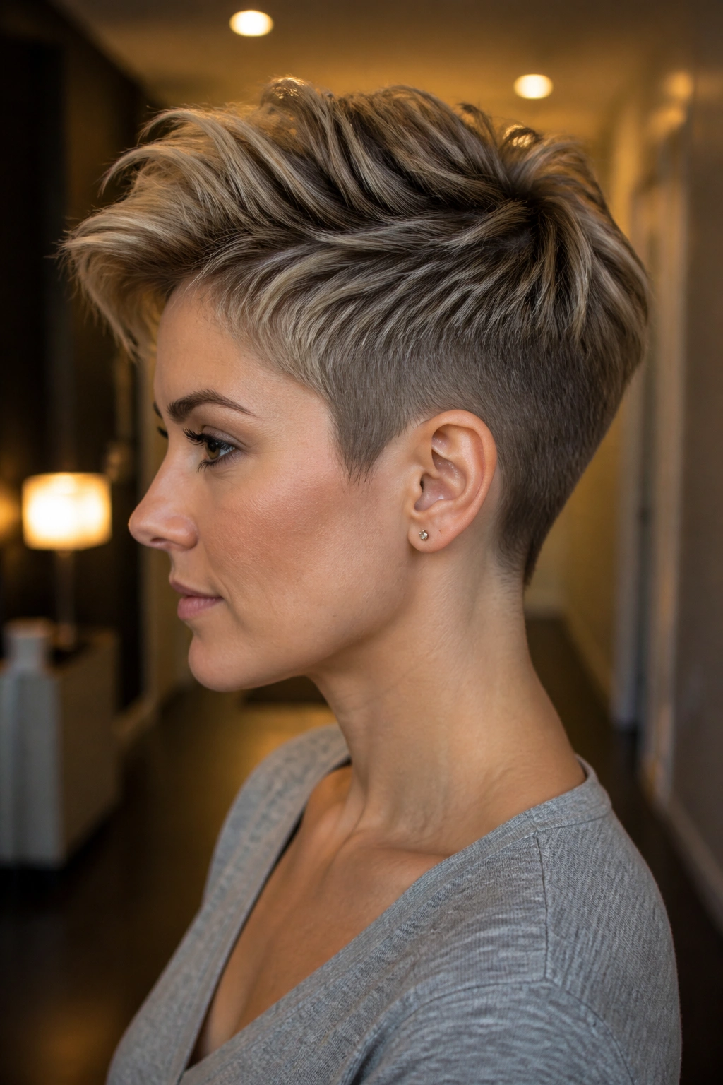 Side-profile of real person with undercut pixie and full top