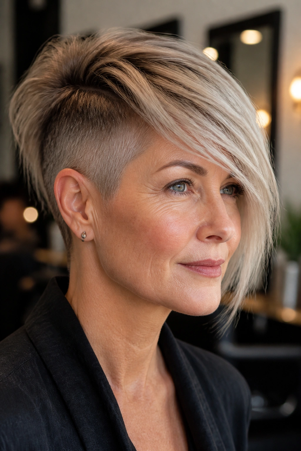 Close-up of a real woman with side-swept bangs and an undercut in a salon