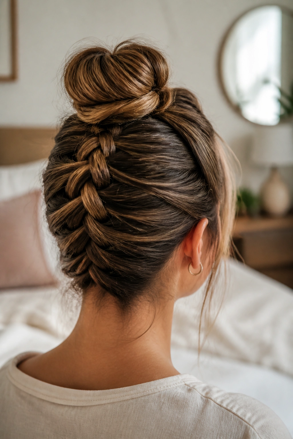 Close-up of a real woman with an upside-down French braid forming a bun at the crown, warm morning light