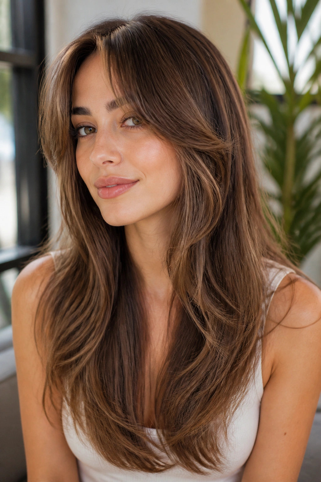 Close-up of a real woman with V-cut layers and long curtain fringe in a bright room