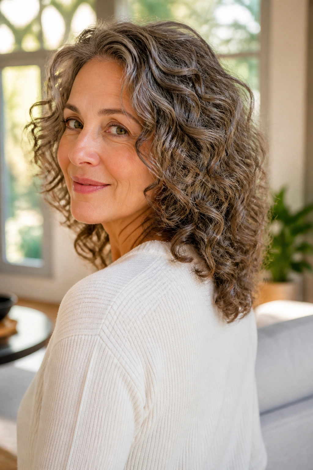 Close-up of a real woman with mid-length V-cut curly layers.