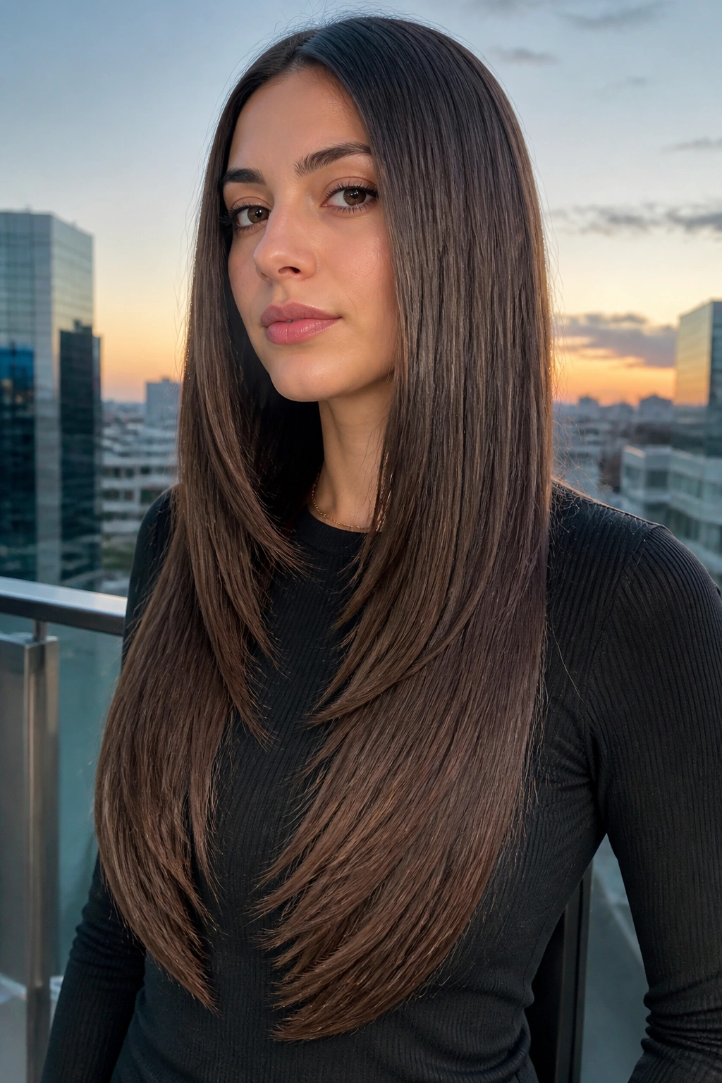 Close-up of a real woman with V-cut layers and sleek length.