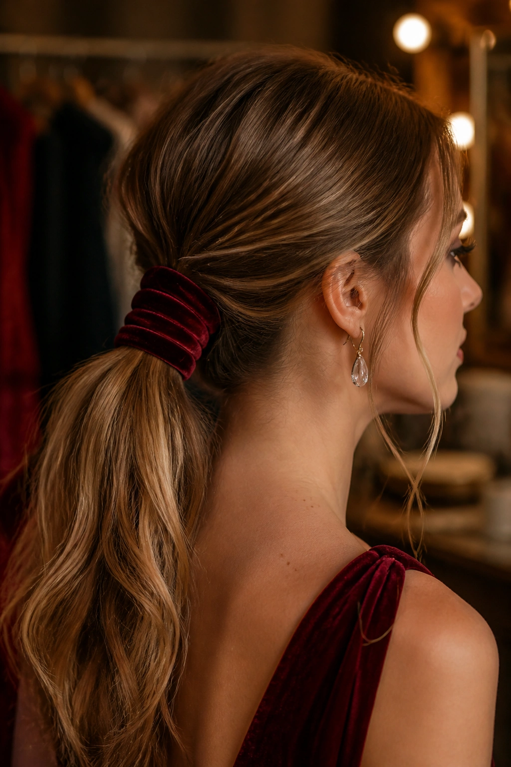 Close-up of a real woman wearing a velvet-ribbon wrapped ponytail