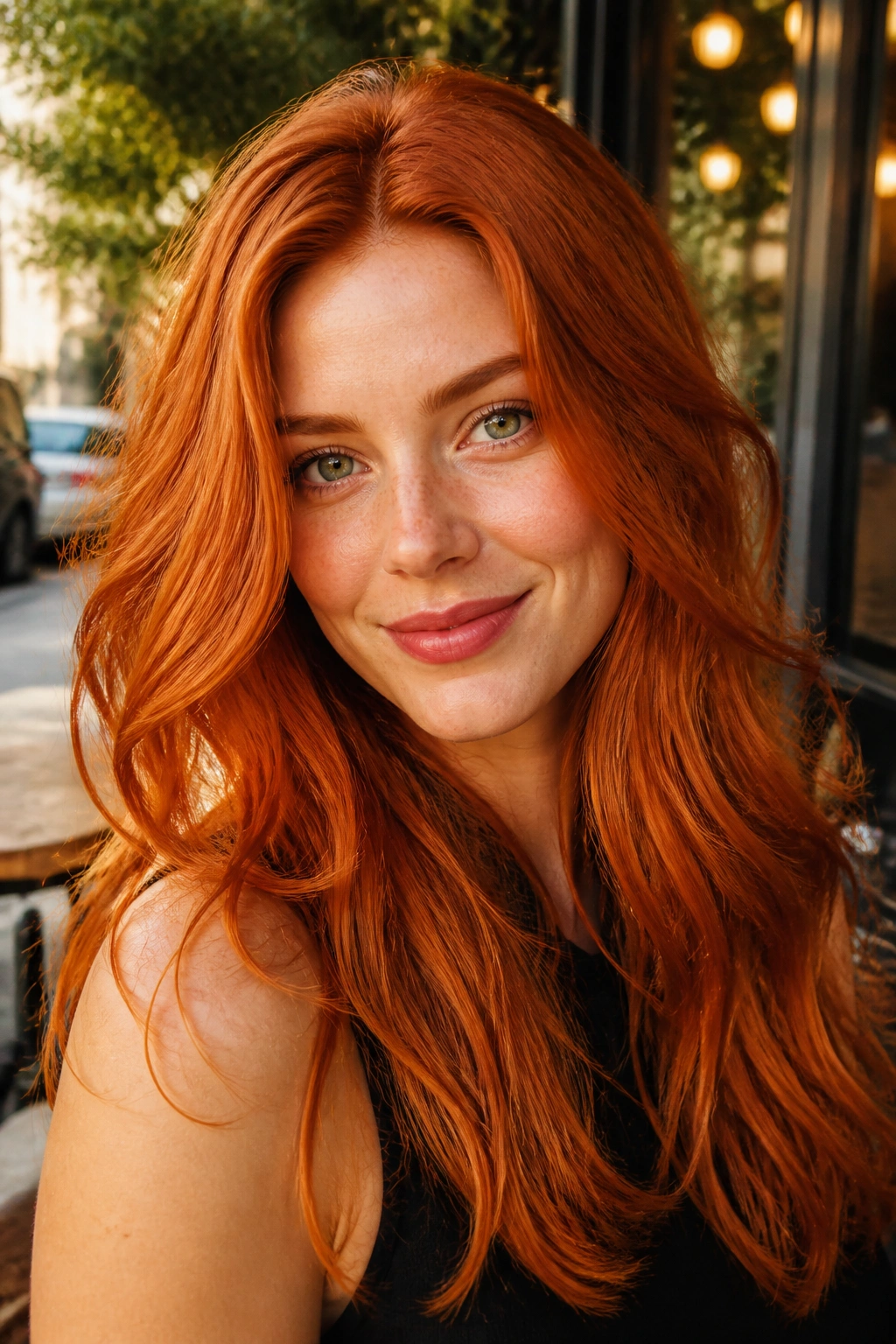 Close-up portrait of a real person with vibrant copper hair and pale skin