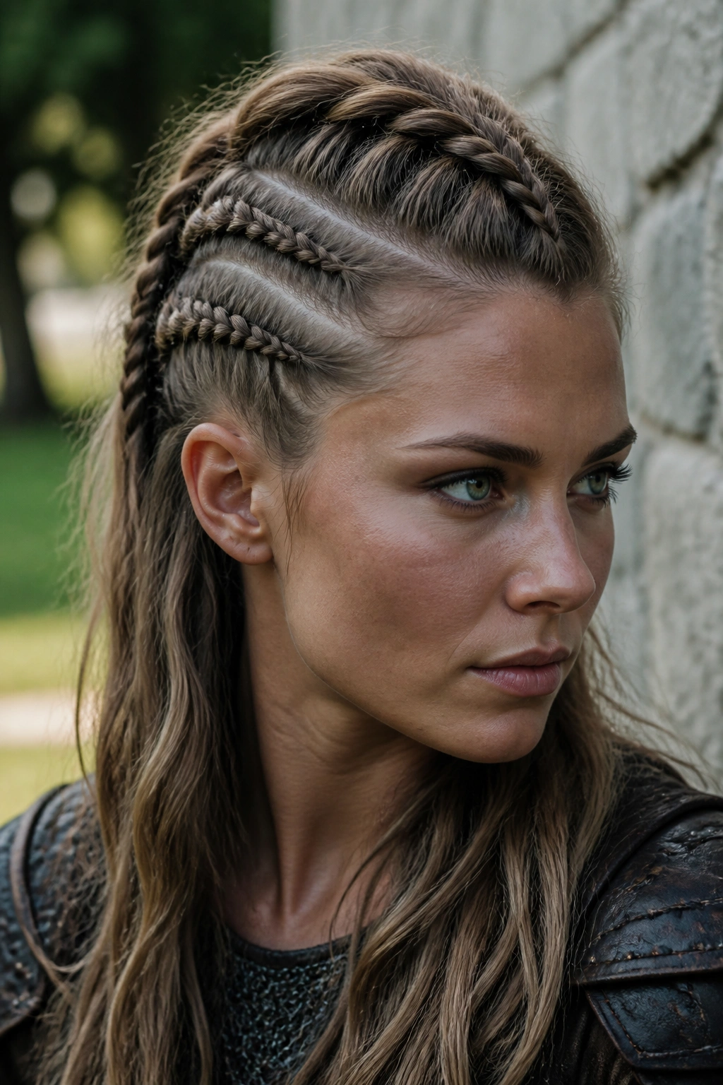 Close-up of a real person showing Viking-style multiple braids at temples and top