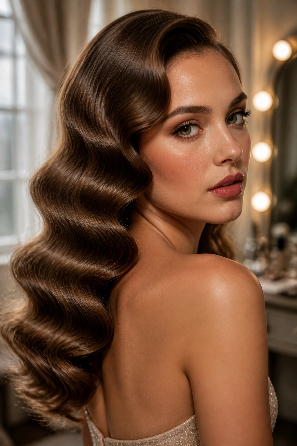 Close-up of a real woman with vintage Hollywood S-waves under soft window light