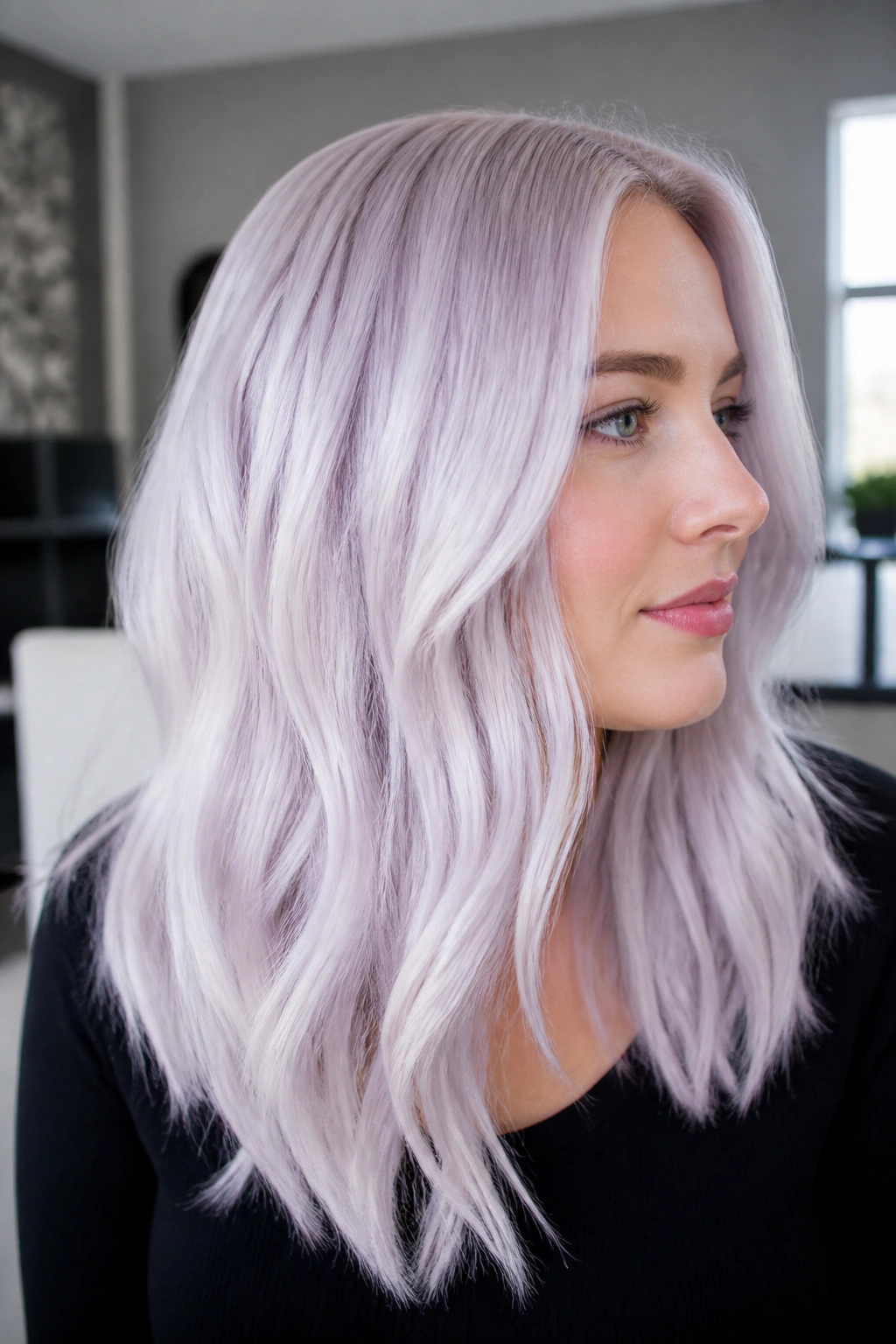 Close-up portrait of a real person with violet-tinged platinum hair filling the frame