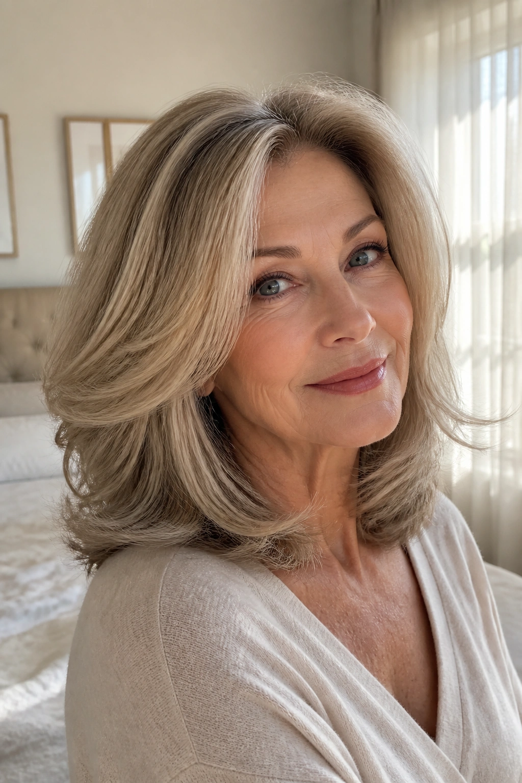 Close-up of a real woman with voluminous blowout layers.