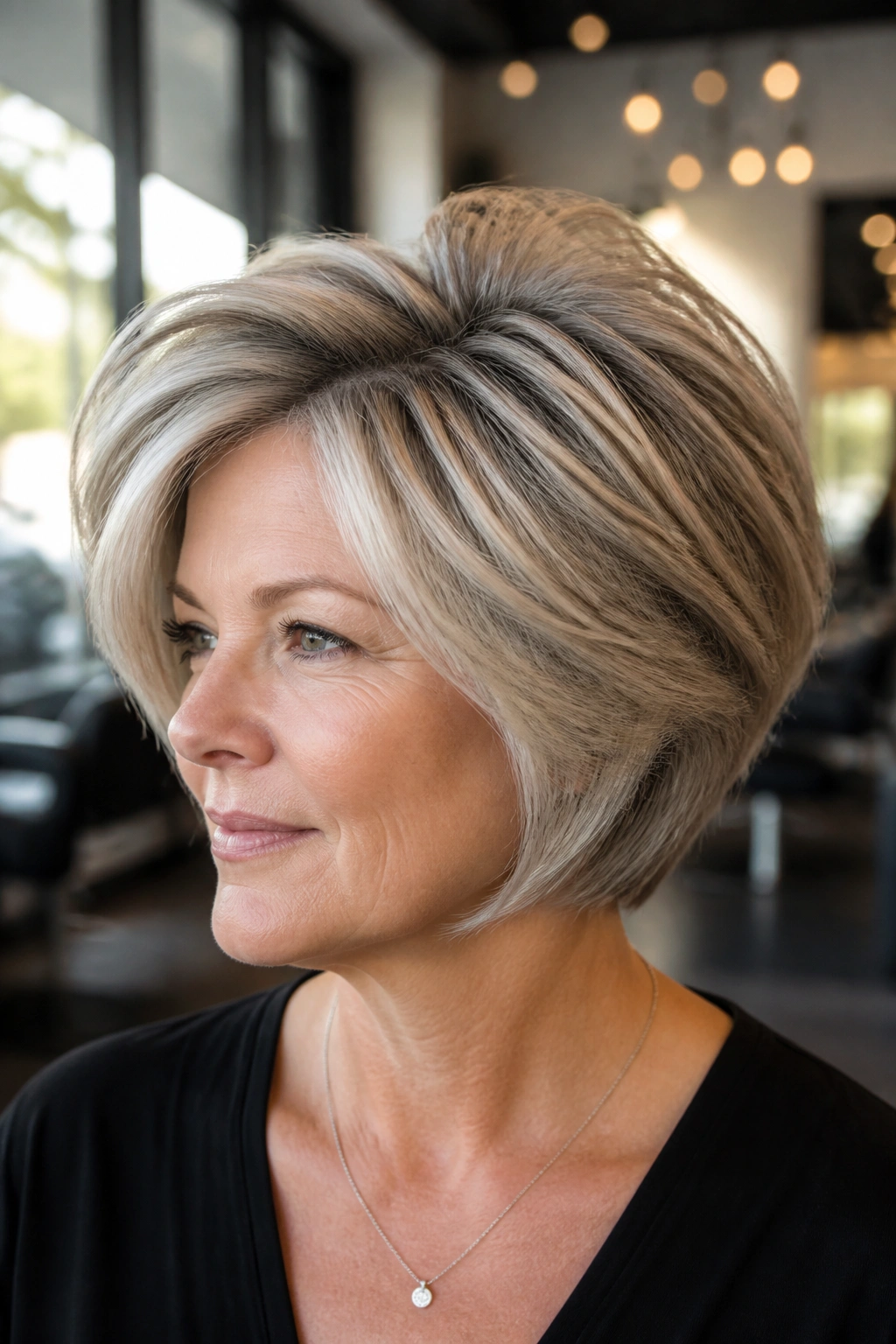 Close-up of a woman with voluminous crown layers creating lift.