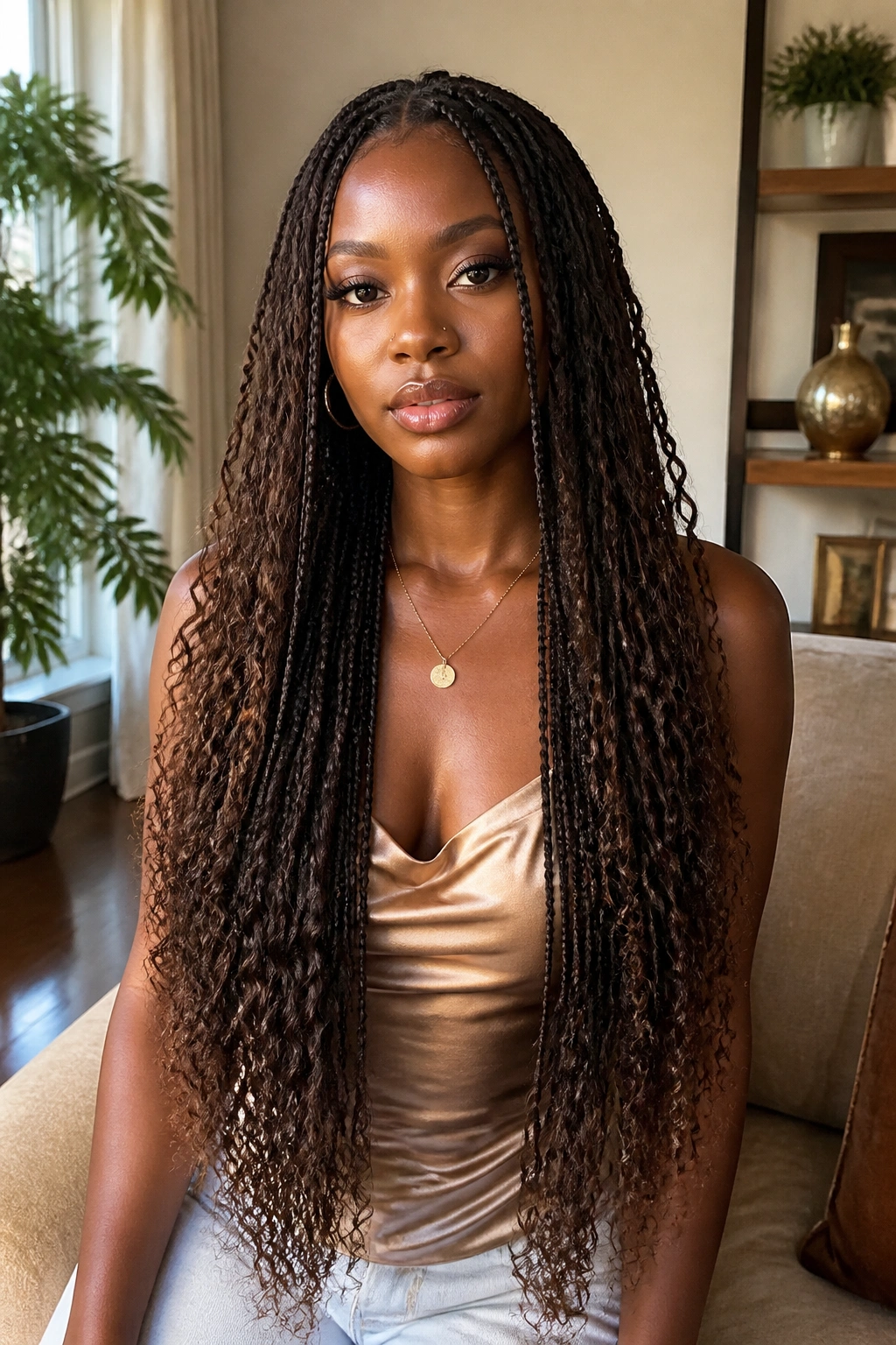 Portrait of a person with waist-length tapered-end braids in a cozy indoor setting.
