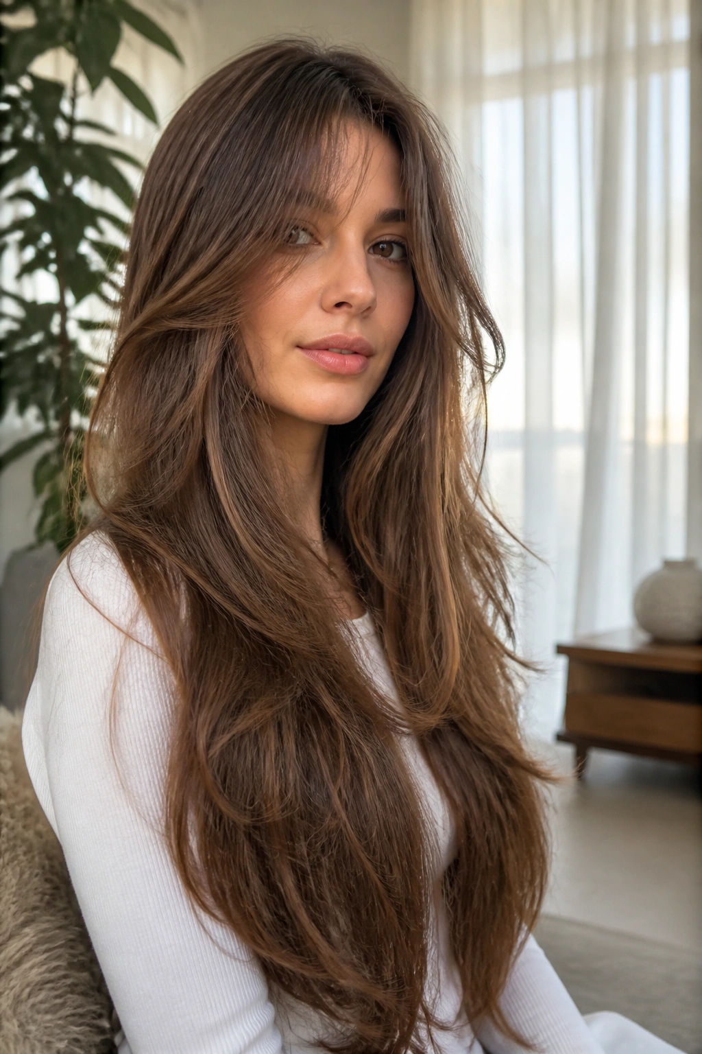 Close-up portrait of a real woman with waist-length hair and floating curtain bangs in a bright living room