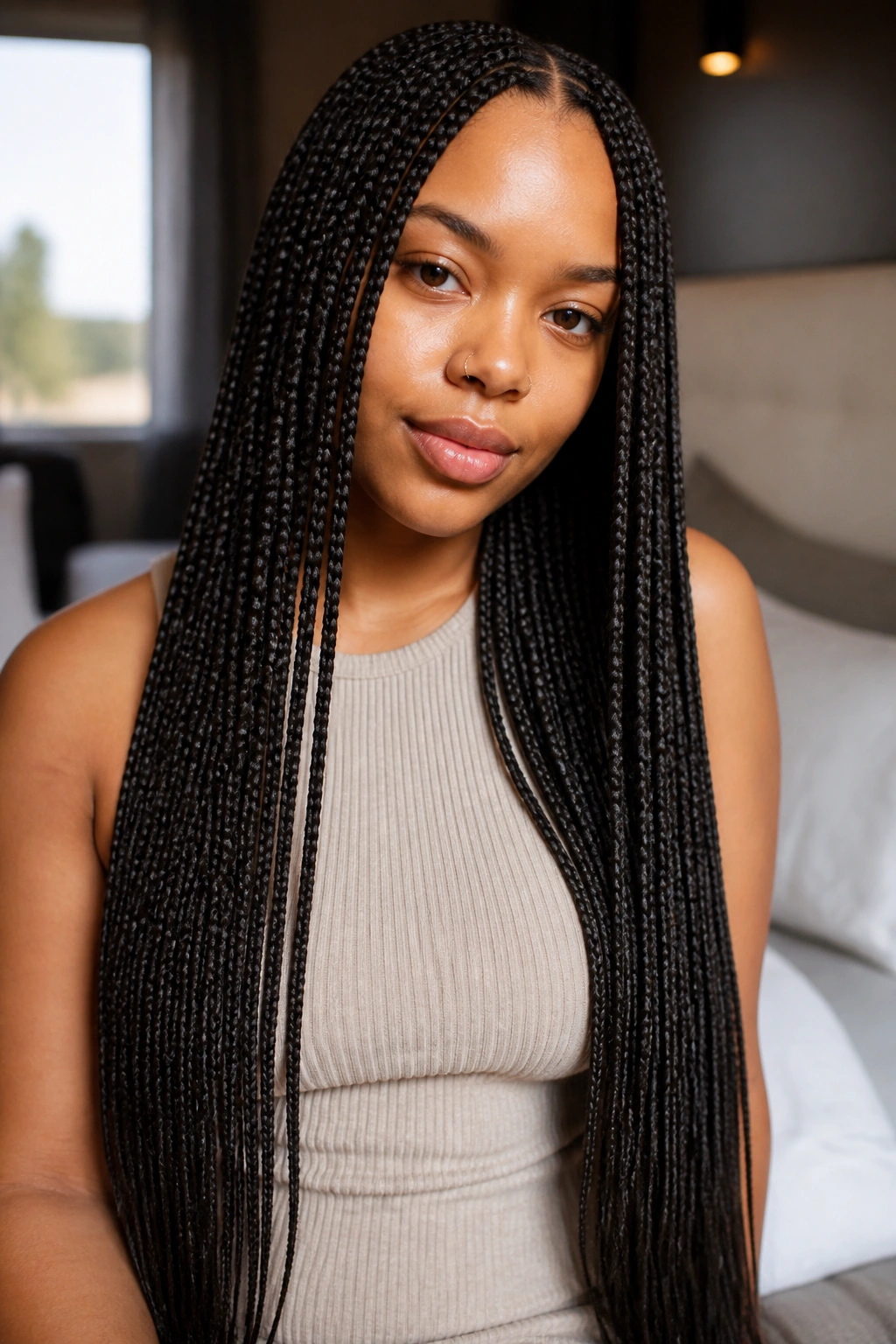 Real woman with waist-length small knotless braids, close-up