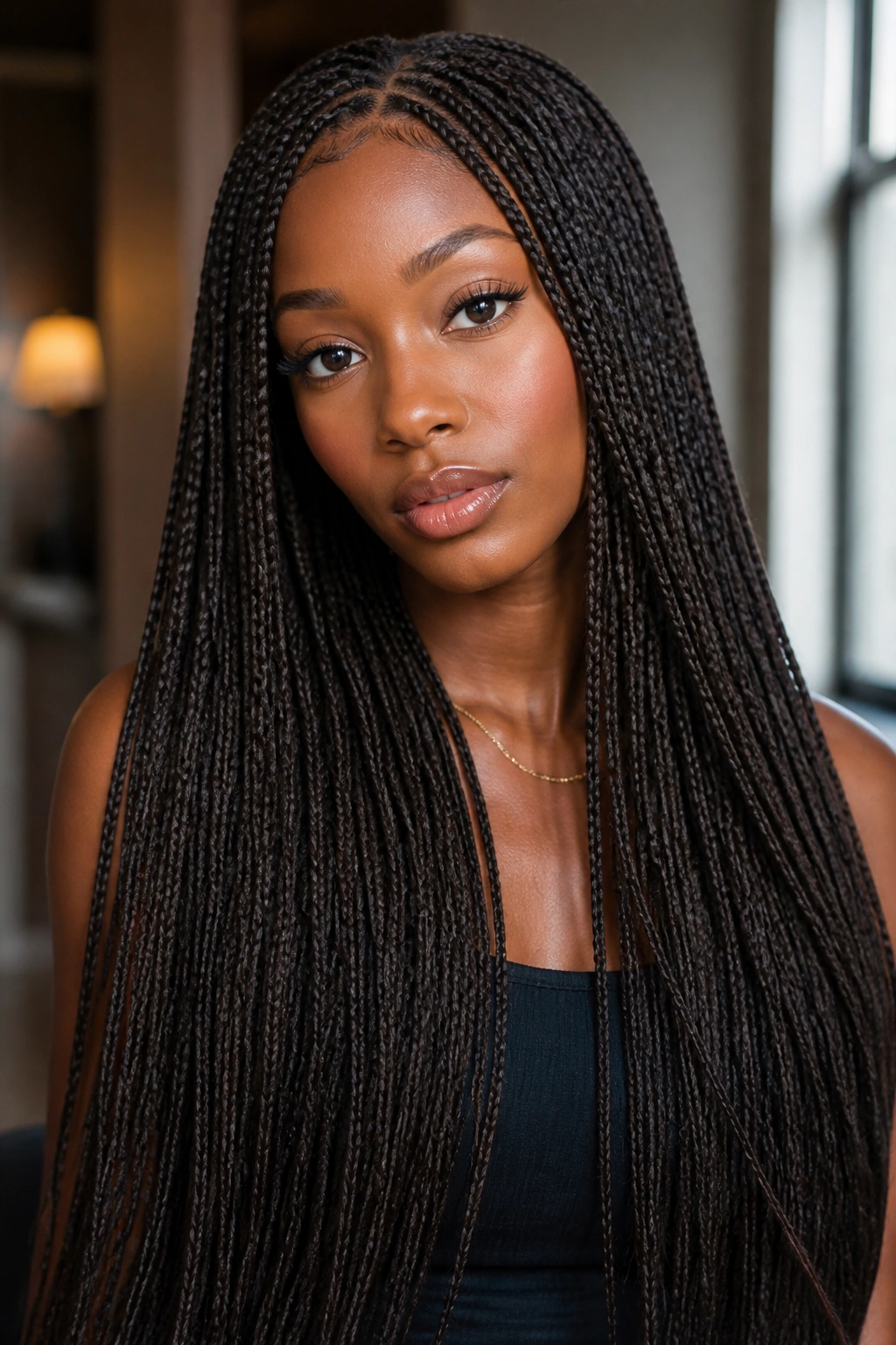 Close-up of a real woman with waist-length micro braids