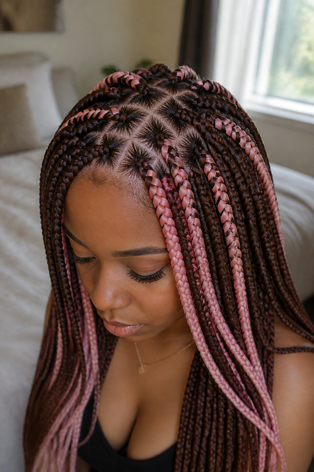 Close-up portrait of a real person with walnut brown hair and peony pink criss-cross design at the crown