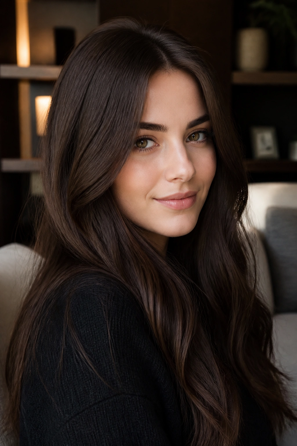 Close-up portrait of a real person with walnut brown hair in soft ambient light