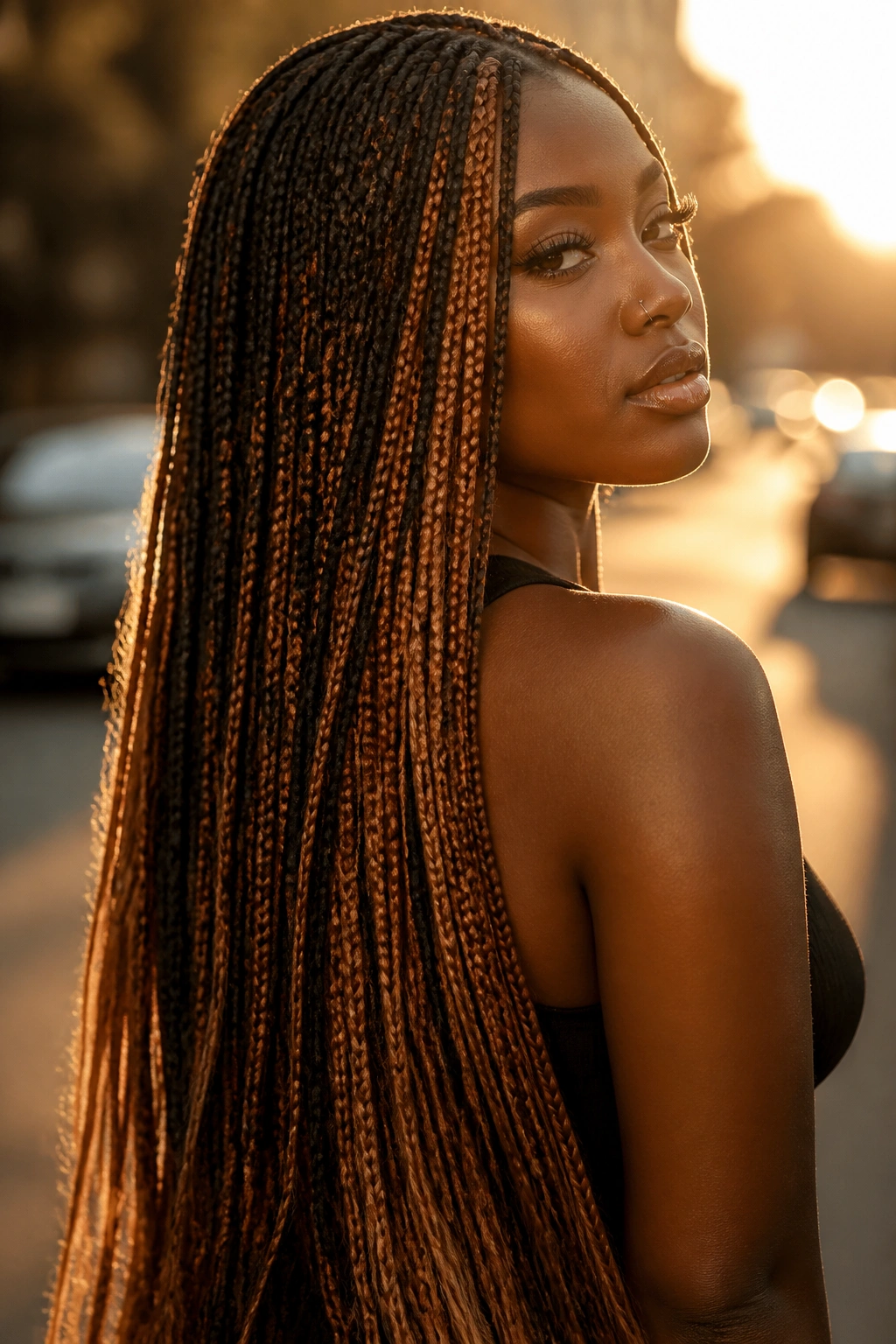 Close-up of a woman with warm copper and bronze peekaboo braids in long flowing hair