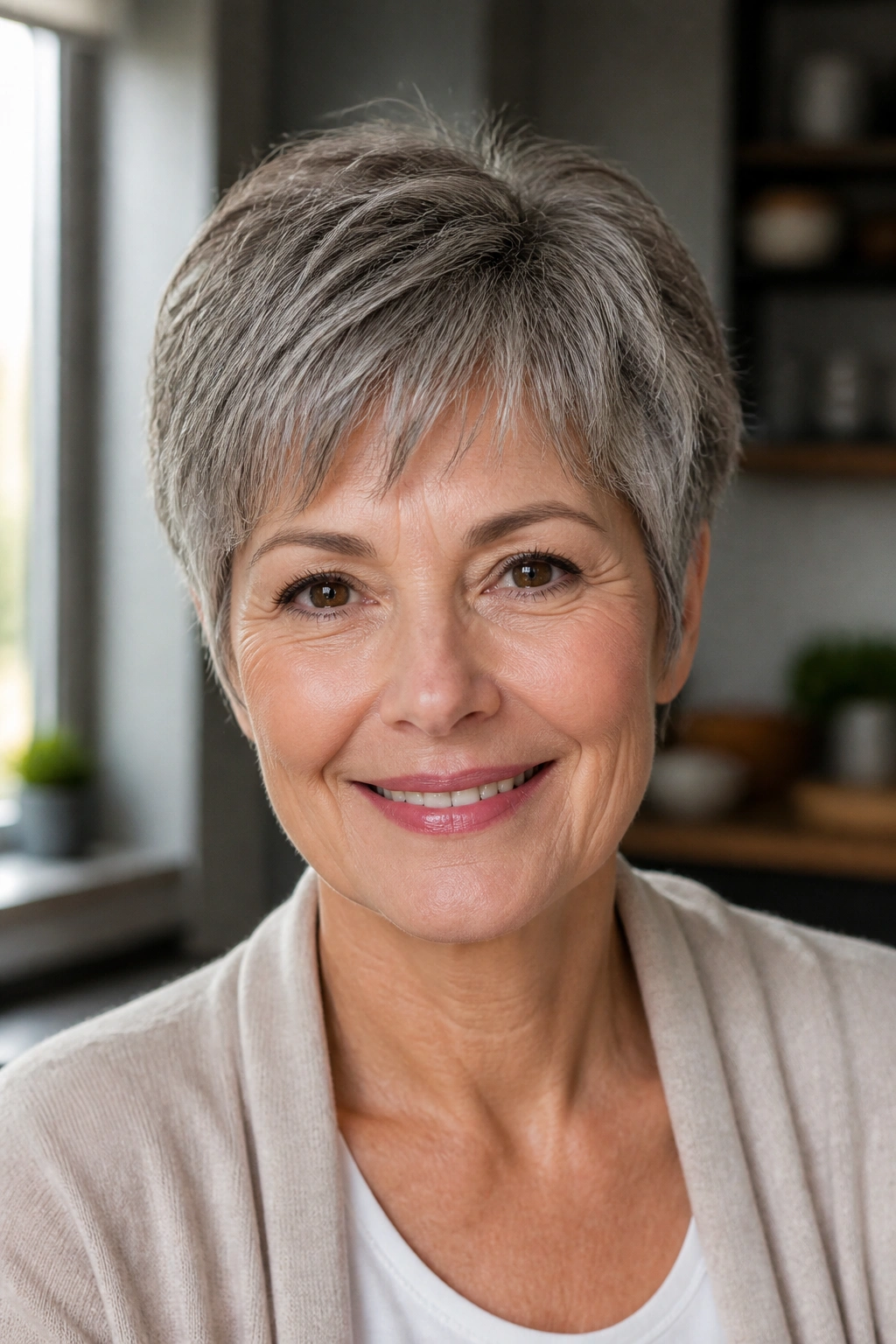 Close-up of a real woman with a wash-and-go layered crop in a bright home setting.