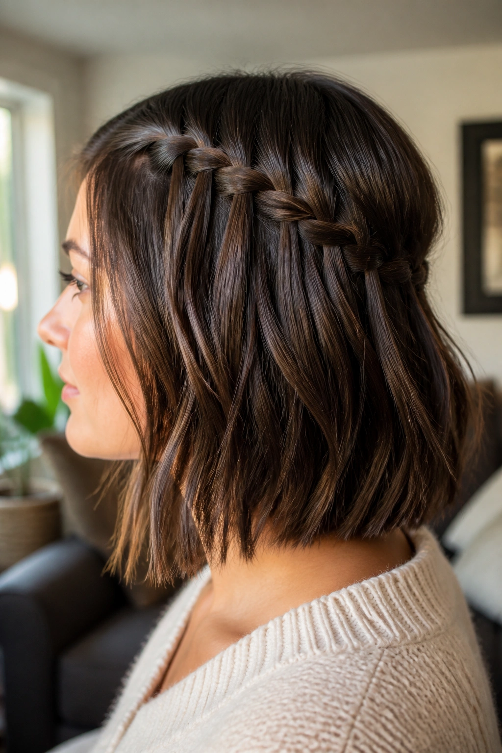 Side-profile portrait of a real woman with a half-up waterfall braid across the back of her head