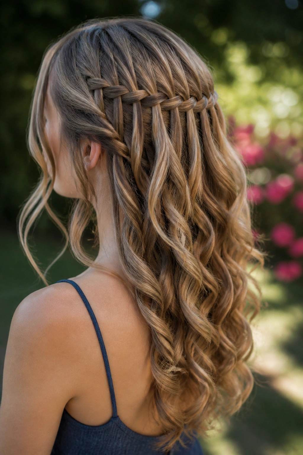 Back view of a woman with a cascading waterfall braid and curls.