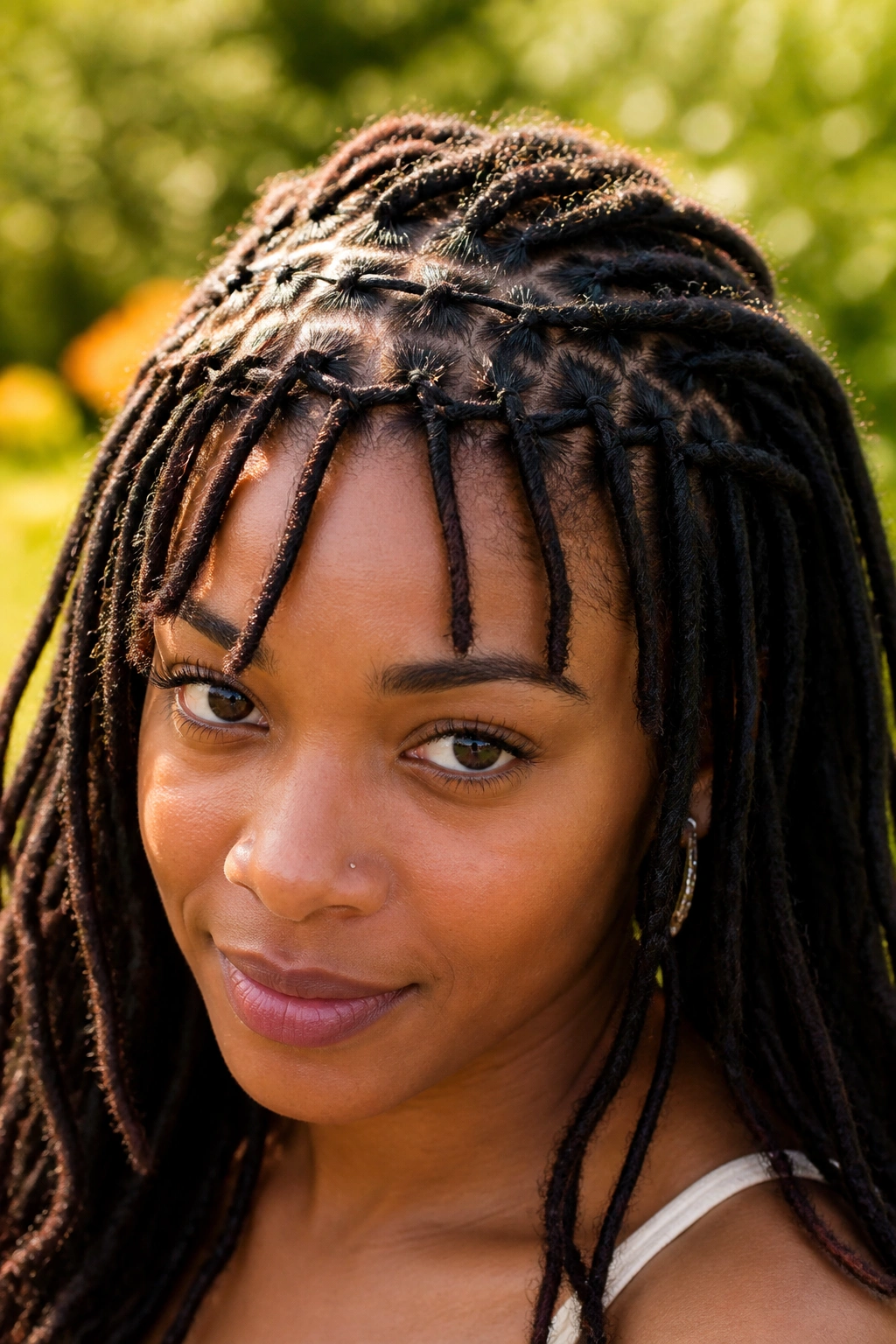 Close-up of a real Black woman with a front waterfall braid