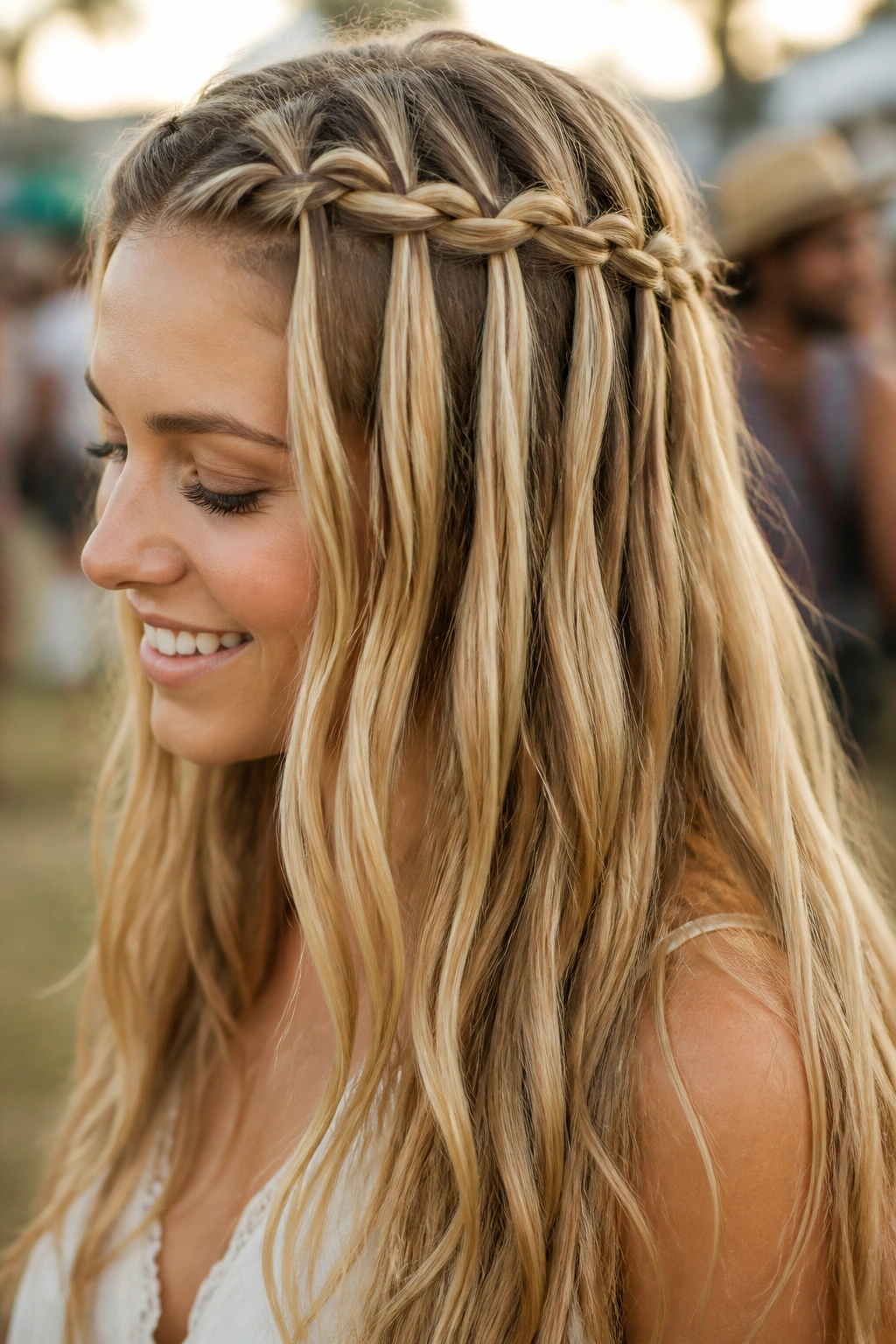 Close-up of a real woman's waterfall braid with flowing strands